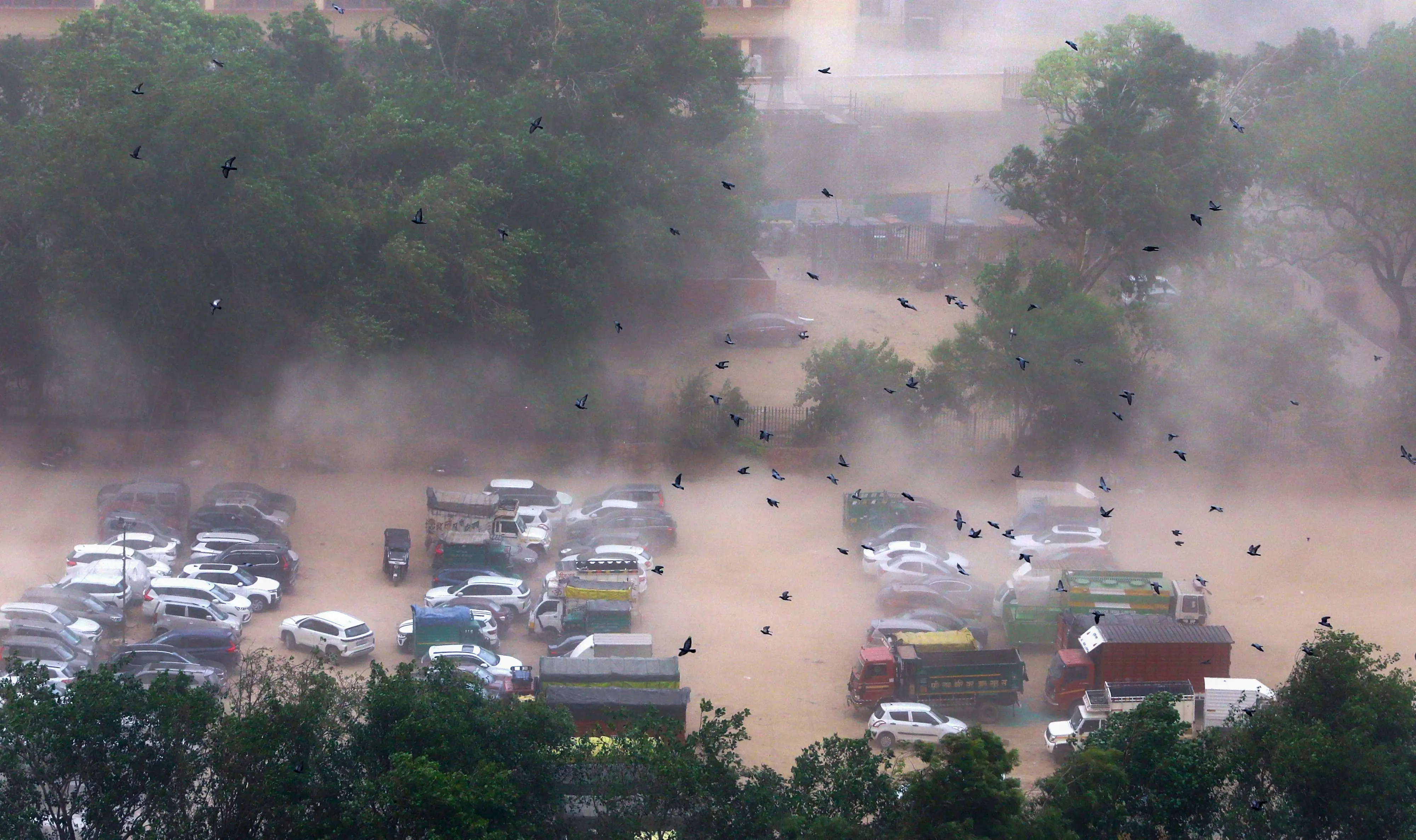 Vehicles remain parked amid a dust storm, in New Delhi.| Photo: PTI