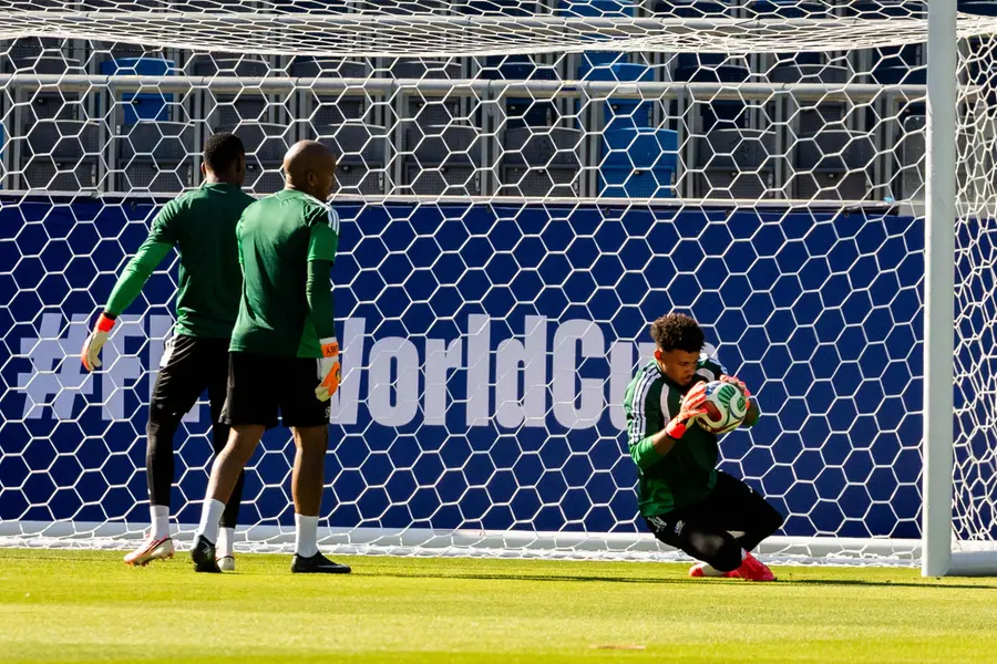 South Africa's goalkeeper Ronwen Williams takes part in a training session