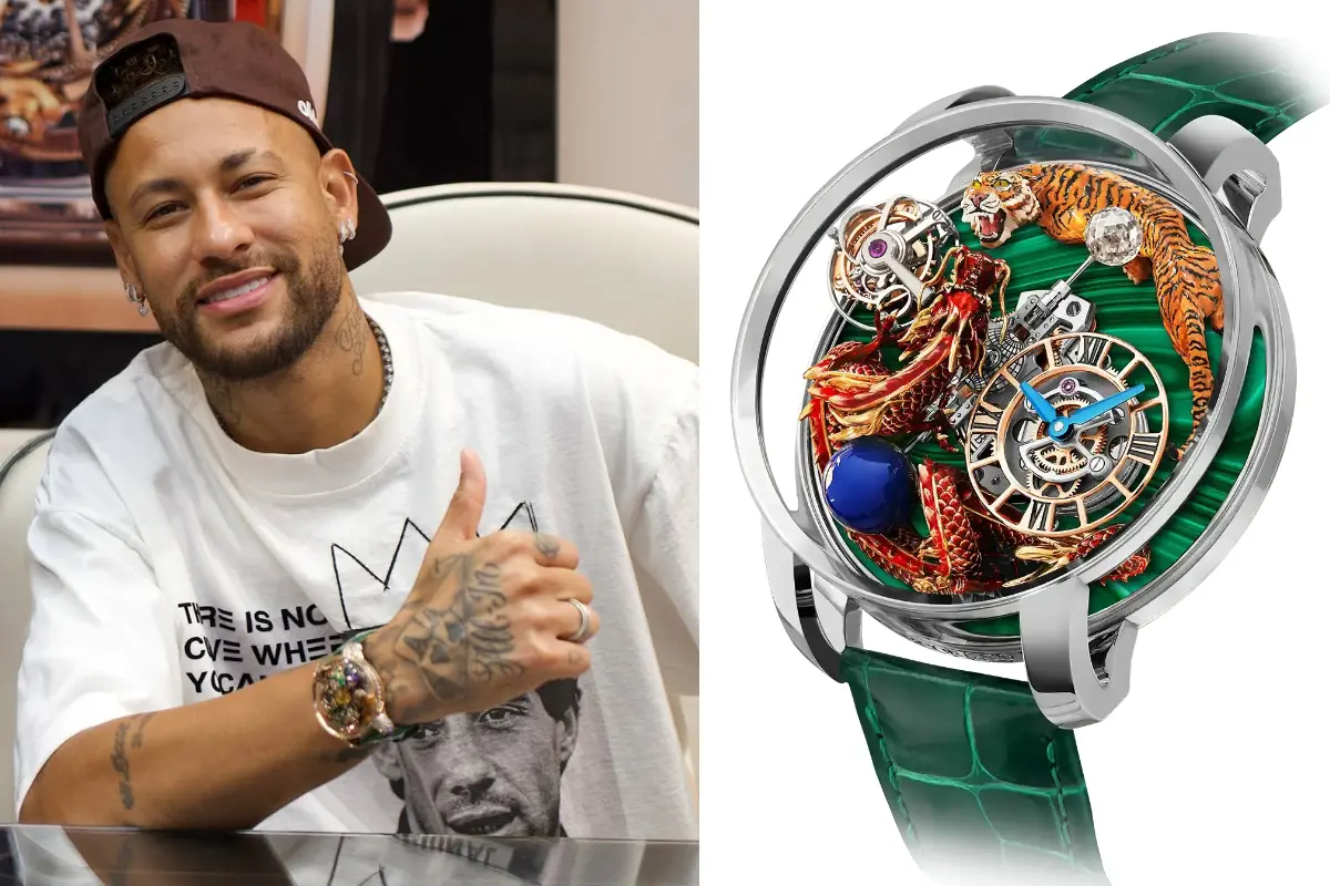 A closer look at Neymar Jr.'s Jacob & Co. Astronomia Baguette Dragon and Tiger.