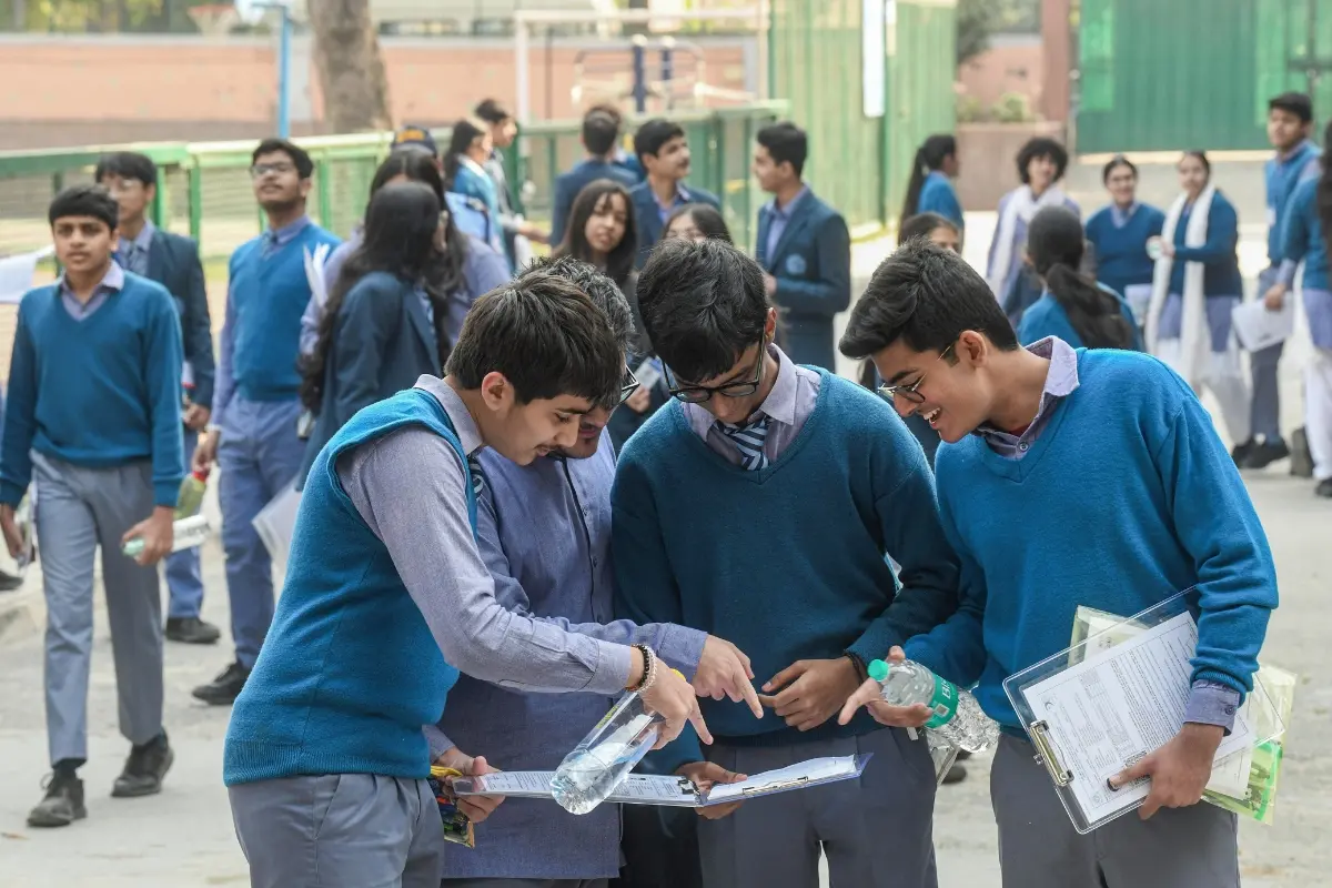 Students leave the examination centre after appearing for the Central Board of Secondary Education (CBSE) Class 10th exams, at Bharatiya Vidya Bhavan School in New Delhi.| Photo: ANI