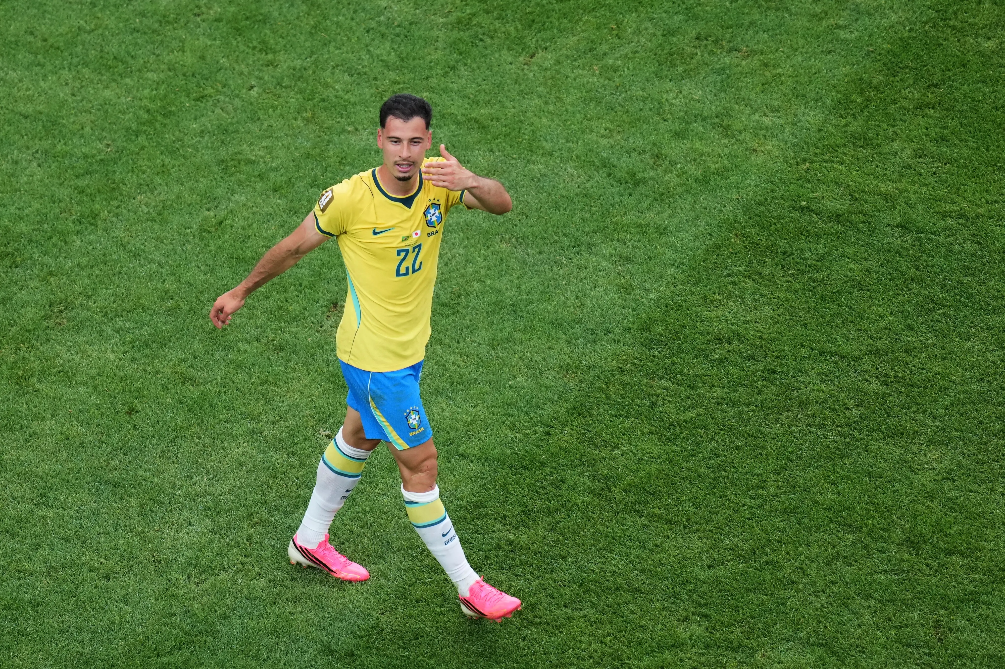 Brazil's Gabriel Martinelli (22) celebrates after scoring his side's second goal during the World Cup round of 32 soccer match between Brazil and Japan in Houston, Monday, June 29, 2026. (AP Photo/Eric Smith)