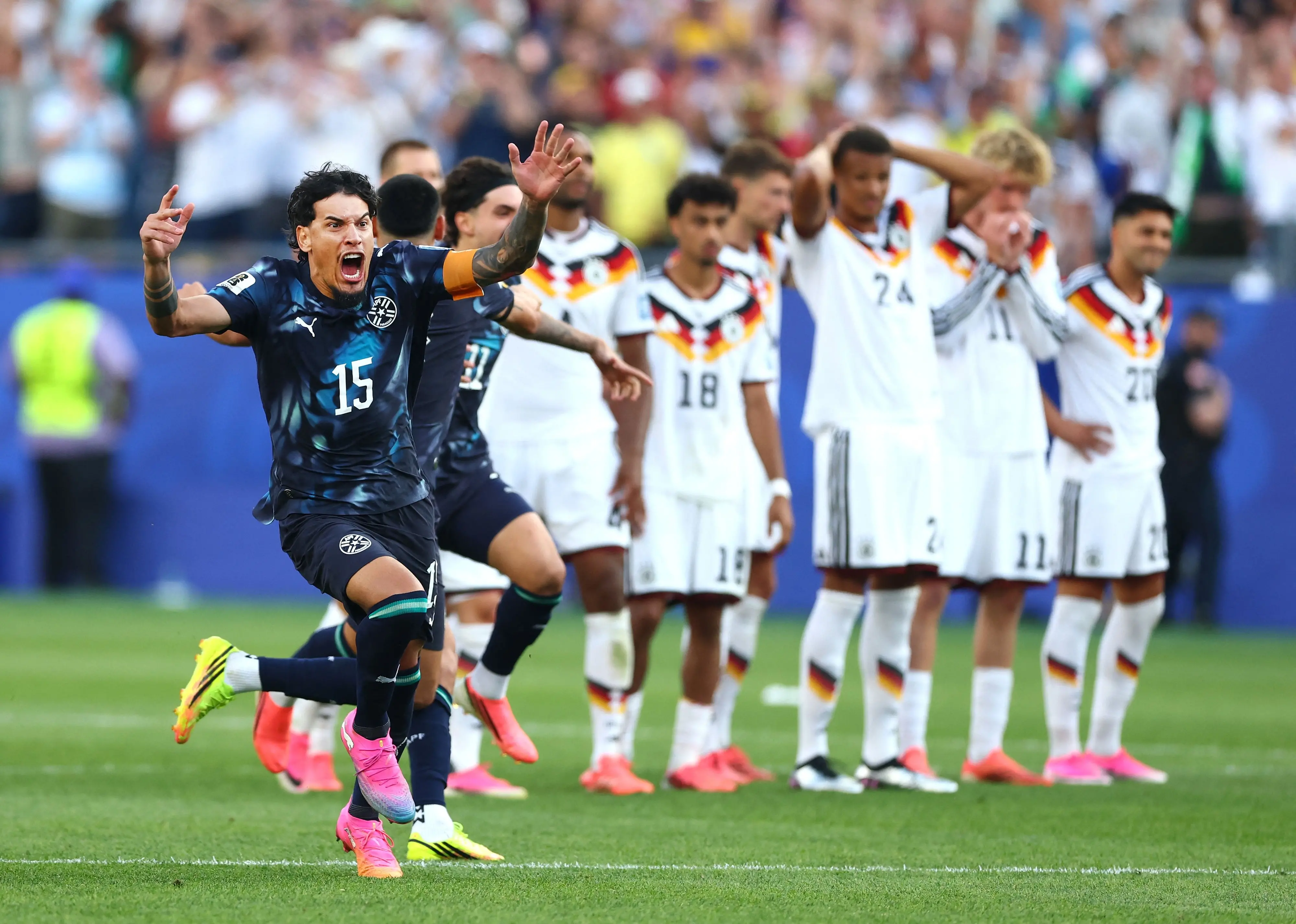 FOXBOROUGH, MASSACHUSETTS - JUNE 29: Gustavo Gomez #15 of Paraguay celebrates after Jose Canale #13 scores the winning penalty in a penalty shootout during the FIFA World Cup 2026 Round Of 32 match between Germany and Paraguay at Boston Stadium on June 29, 2026 in Foxborough, Massachusetts. Robert Cianflone/Getty Images/AFP (Photo by ROBERT CIANFLONE / GETTY IMAGES NORTH AMERICA / Getty Images via AFP)