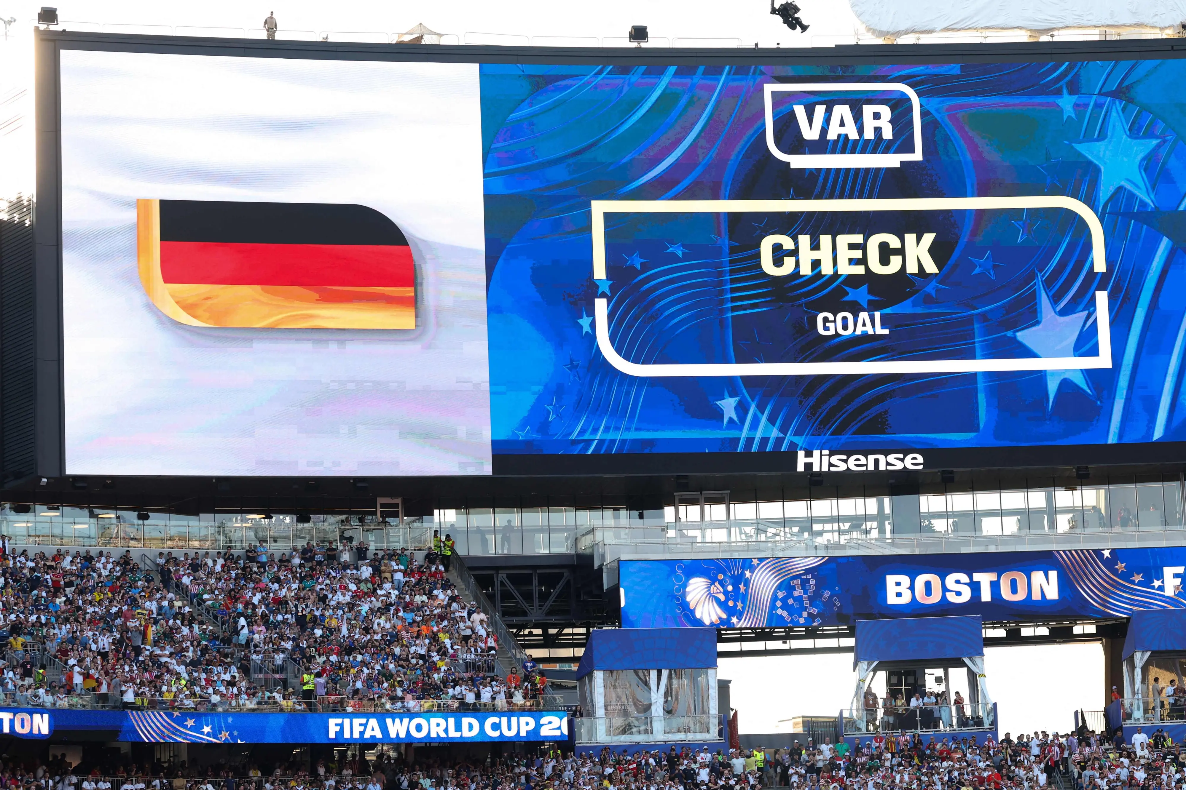 The screen displays VAR review on the possible foul before Germany's second goal during the FIFA World Cup 2026 Round Of 32 match | Getty Images via AFP