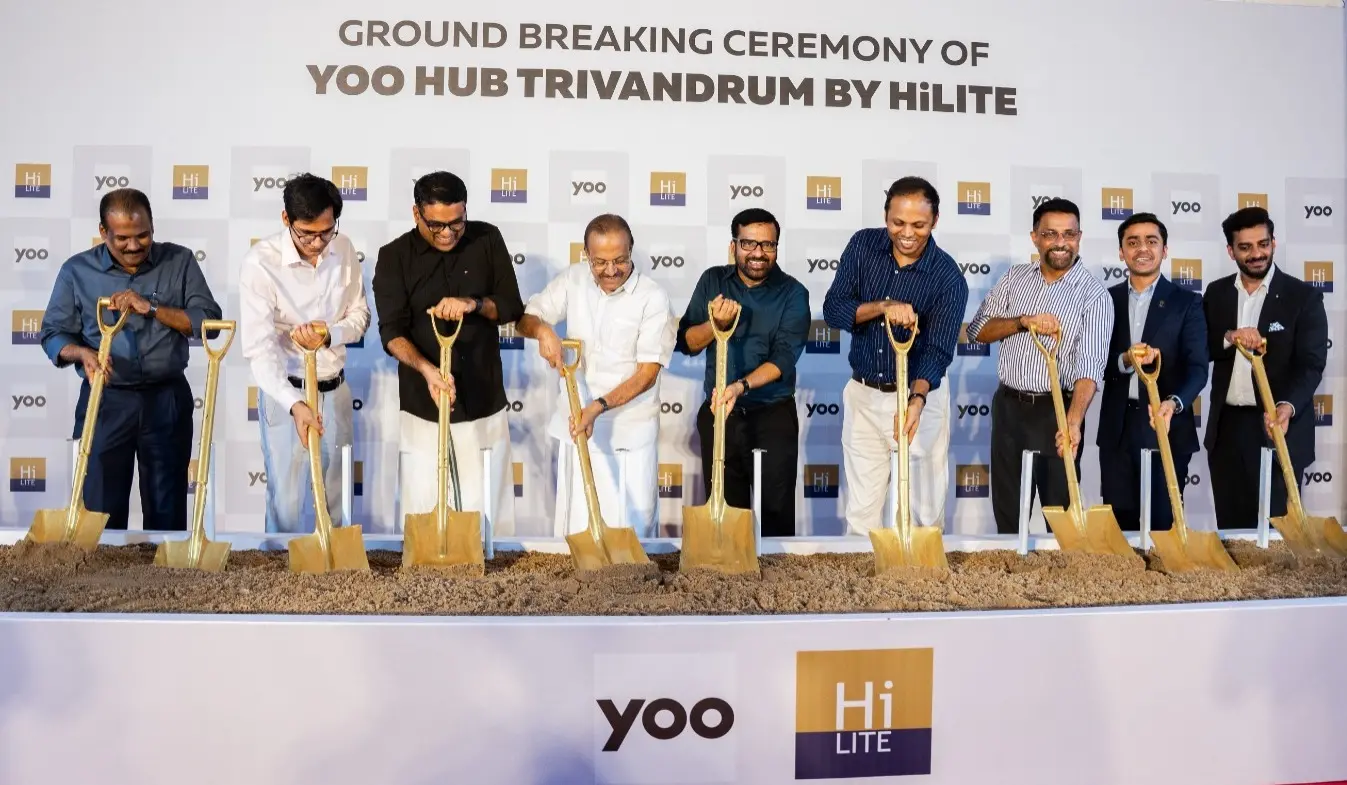P. K. Kunhalikutty, Minister for Industries, IT & AI performing the groundbreaking ceremony for the project 'YOO Hub Trivandrum' in Technopark Phase III along with other dignitaries. (From Left to right) Santhosh Koshy, Managing Director, KINFRA, Sandip Kumar IAS, CEO, Technopark, P. M. A. Sameer MLA, Thirurangadi, P. Sulaiman, Chairman, HiLITE Group, Seeram Sambasiva Rao IAS, Special Secretary, Electronics & Information Technology Department, Col. Sanjeev Nair (Retd.) Former CEO, Technopark, Ajil Muhammed, CEO, HiLITE Group, Shafeeq P, CEO, HiLITE Properties nearby.