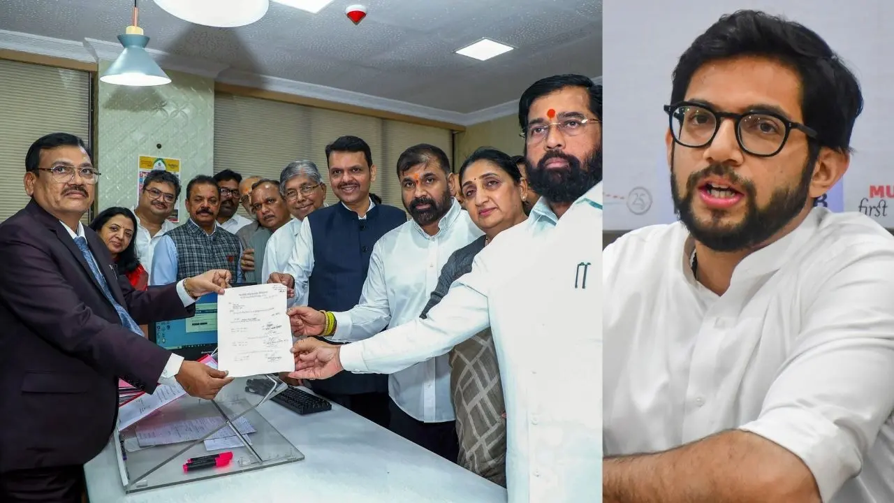 ദേവേന്ദ്ര ഫഡ്നാവിസ്, സുനേത്ര അജിത് പവാർ, ഏക്നാഥ് ഷിന്ദെ എന്നിവർക്കൊപ്പം മഹാരാഷ്ട്ര ലെജിസ്ലേറ്റീവ് കൗണ്‍സില്‍ ഡെപ്യൂട്ടി ചെയര്‍പേഴ്‌സണ്‍ സ്ഥാനത്തേക്ക് നാമനിര്‍ദ്ദേശ പത്രിക സമര്‍പ്പിക്കുന്ന സച്ചിൻ അഹിർ | Photo: ANI | ആദിത്യ താക്കറെ | Photo: PTI