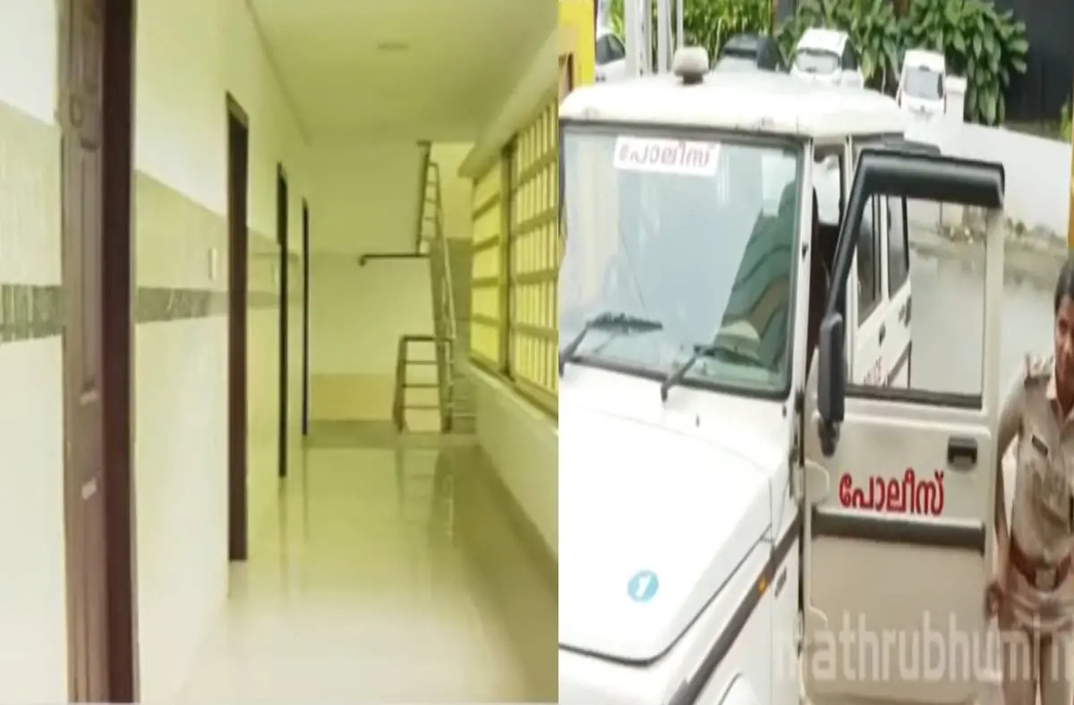 Police at the Thrissur lodge where a woman and her newborn baby were found dead | Photo: Mathrubhumi News screengrab