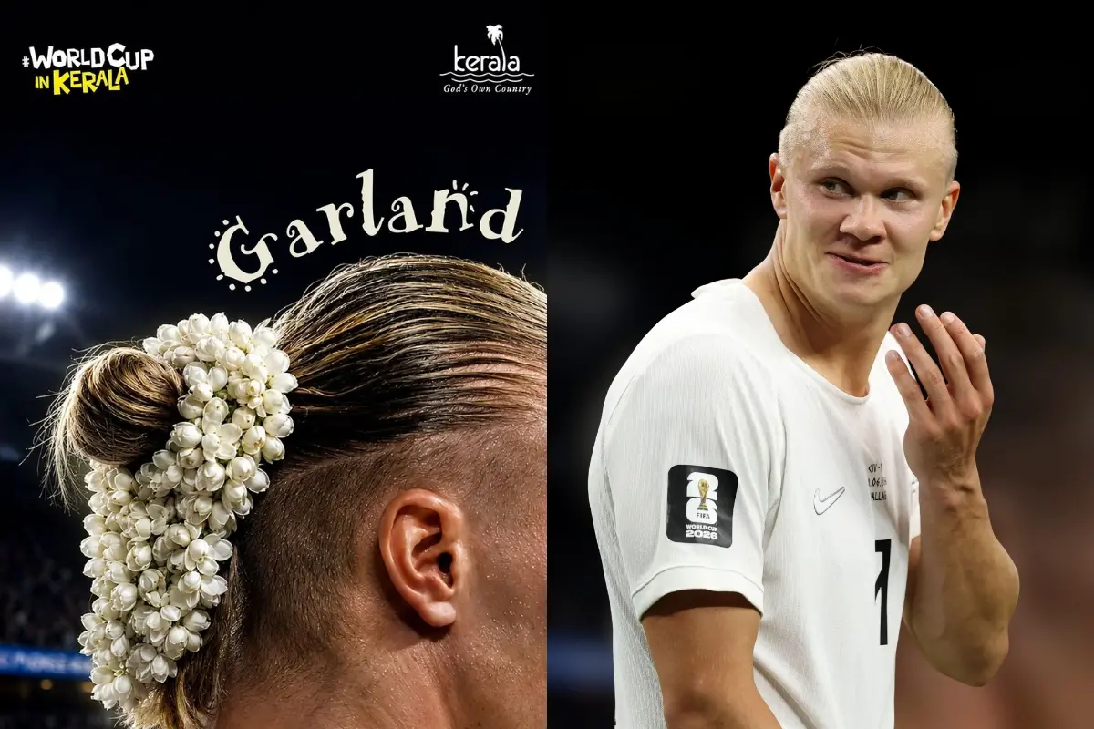Erling Haaland #9 of Norway and the post by Kerala Tourism on Instagram (L)  | Photo: Getty Images via AFP/@keralatourism