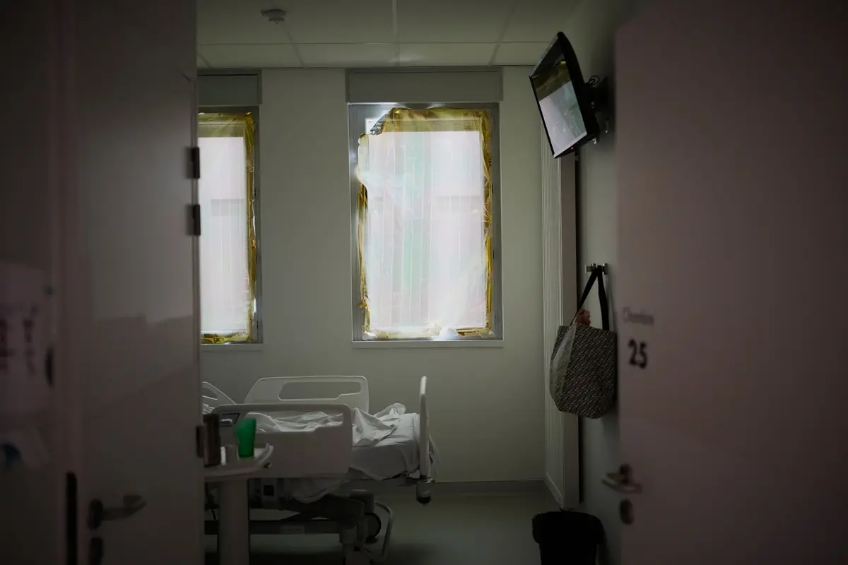 A heat-protection is set on a window at the emergency department of the Paris-Saclay Hospital, outside Paris