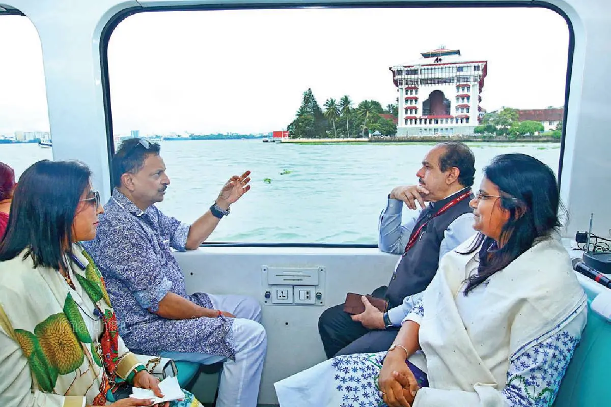 During his visit to Kerala, MP Rajiv Pratap Rudy and his wife, Neelam Singh, travel on the Kochi Water Metro. MP Jebi Mather and Additional Chief Secretary (Industries) A.P.M. Mohammed Hanish are also seen. | Photo: Ridhin Damu