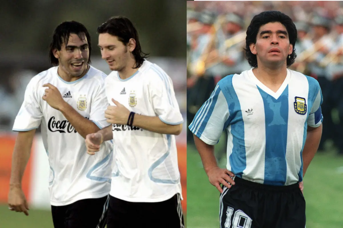 Tevez with Messi (AP), Maradona (AFP)