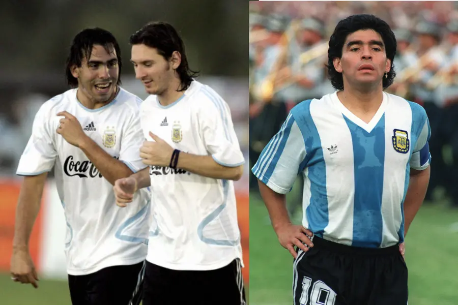 Tevez with Messi (AP), Maradona (AFP)