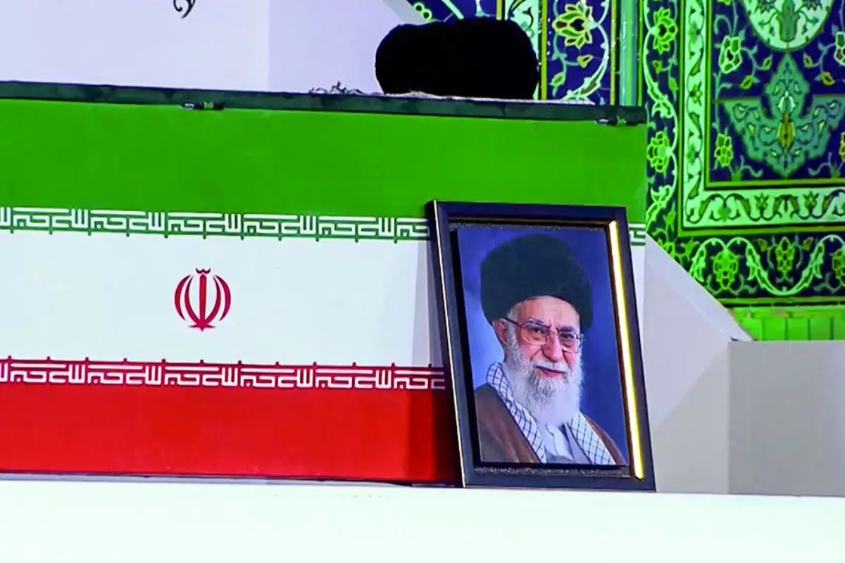 A view of a coffin with a portrait of Iran's late Supreme Leader Ayatollah Ali Khamenei, during his funeral ceremony, in Tehran on Friday. (IRIB Pool Via Reuters/ANI Video Grab)