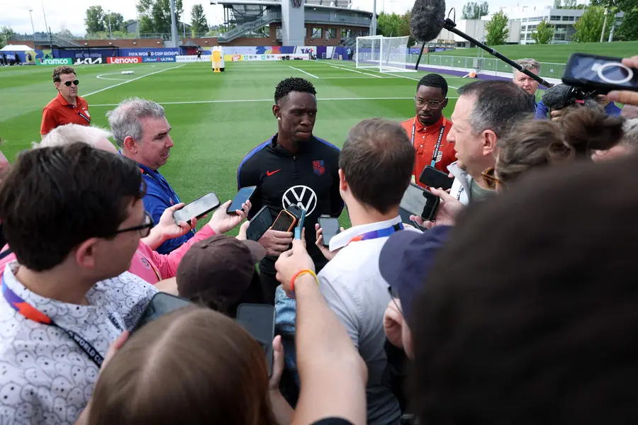 Folarin Balogun of the United States talks to the media prior to a training session for the 2026 World Cup