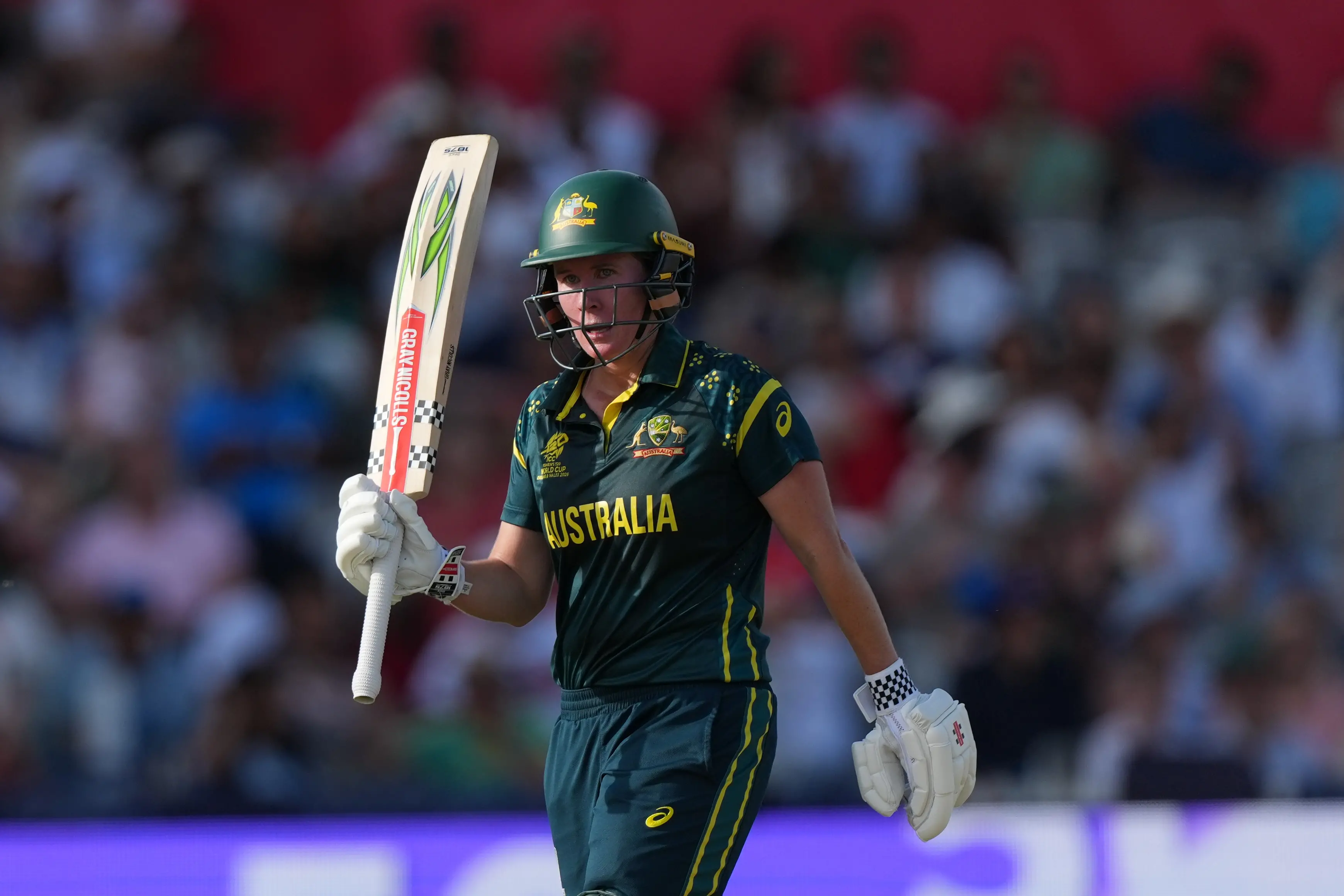Australia's Beth Mooney, celebrates getting 50 not out during the Women's T20 Cricket World Cup final between England and Australia | AP