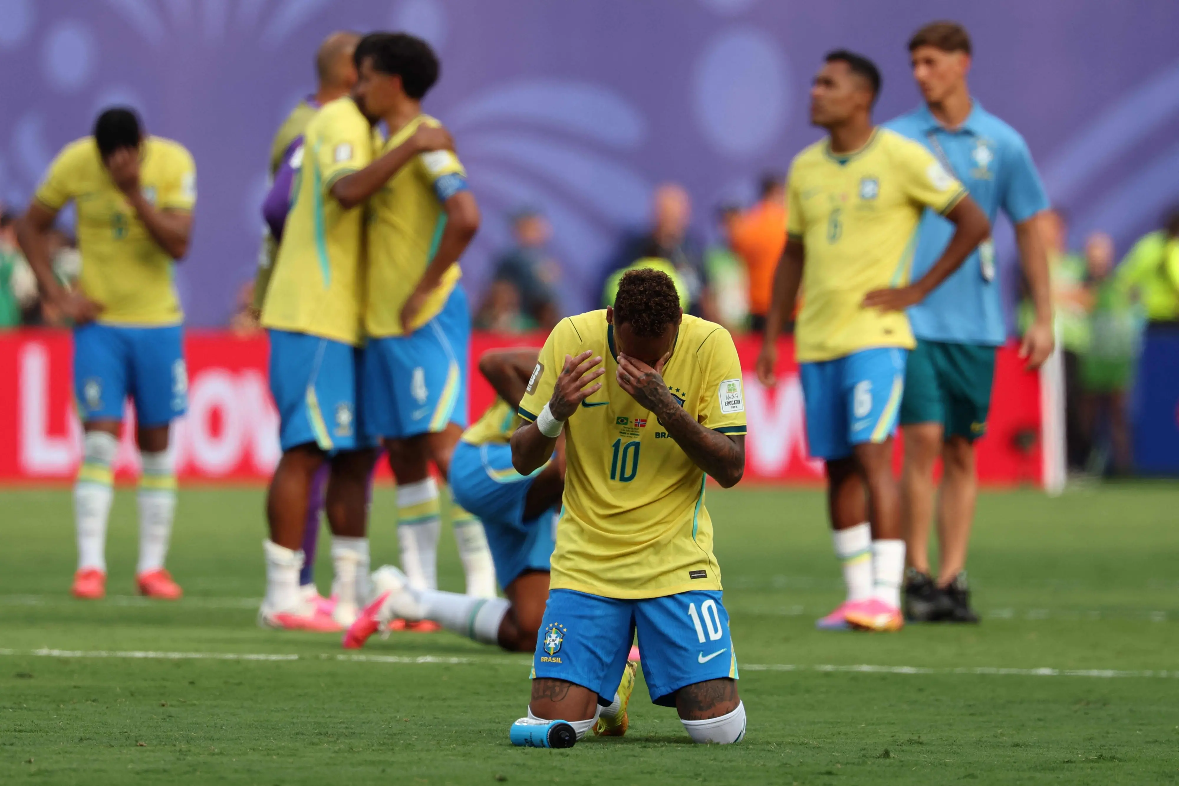 Brazil's forward Neymar reacts after losing the 2026 World Cup round of 16 football match between Brazil and Norway | AFP