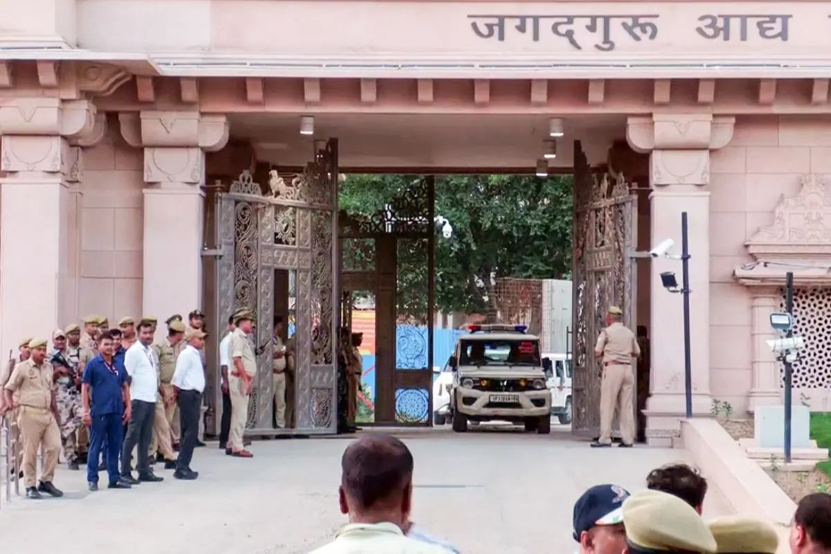 A view of Jagadguru Adi Shankaracharya Dwar of Ram Mandir as meeting of the Shri Ram Janmabhoomi Teerth Kshetra Trust concludes following alleged embezzlement of offerings from Ram Temple, in Ayodhya on Monday. (ANI Video Grab)
