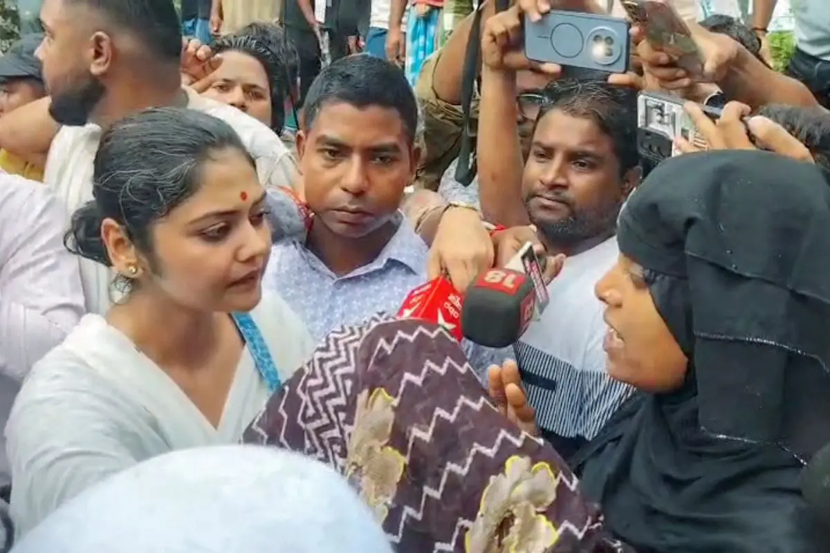 TMC MP Saayoni Ghosh interacts with people and the media on the alleged rape and murder of a minor girl at Baruipur, in South 24 Parganas on Tuesday. (ANI Video Grab)