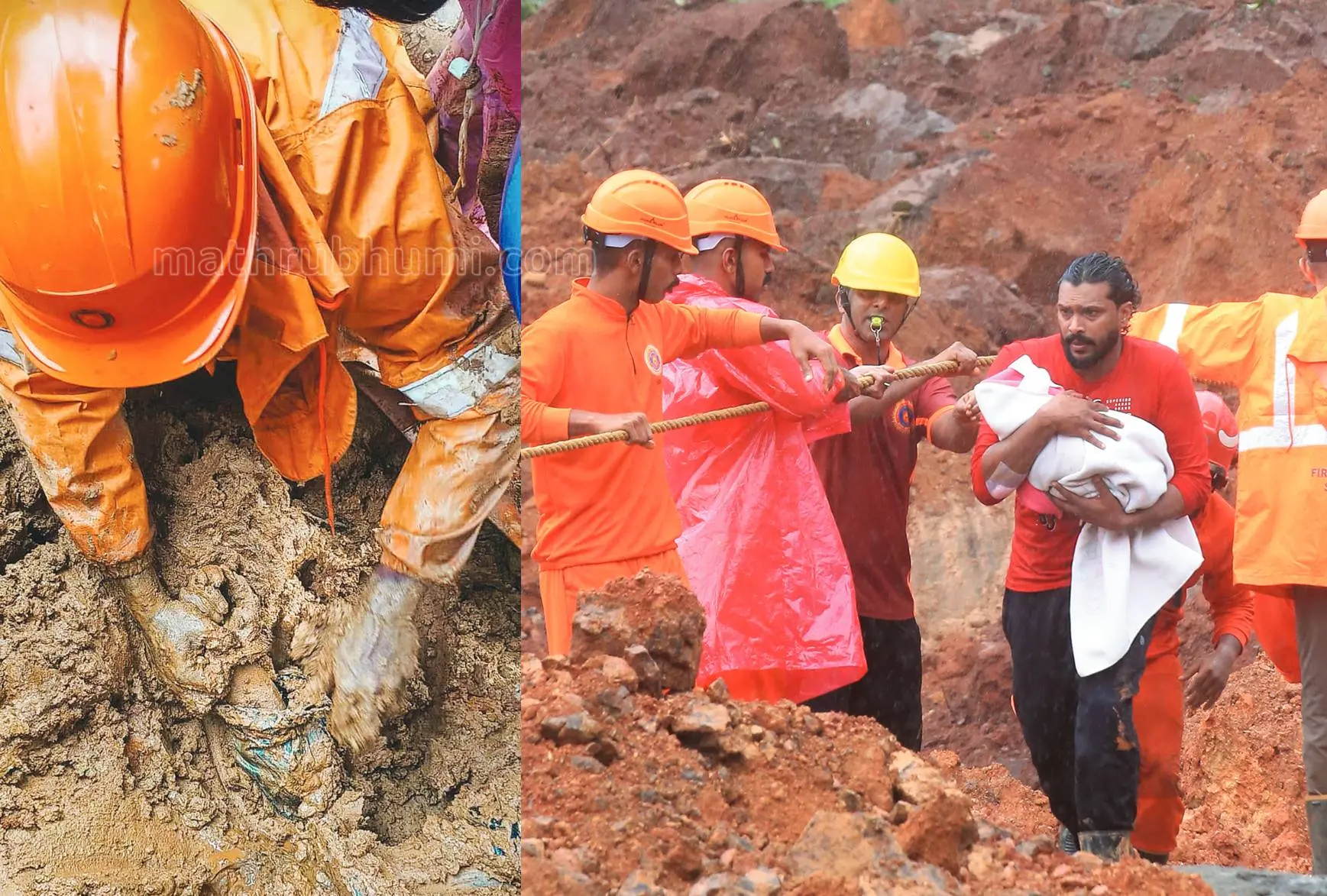 A Fire and Rescue Services personnel retrieves a body buried under mud near the tunnel site where the landslide occurred. (Photo: M. Abdul Gafour, Fire Officer, Mukkam Fire Station)

Rescue personnel evacuate an infant to safety after the landslide. (Photo: V.P. Ullas)