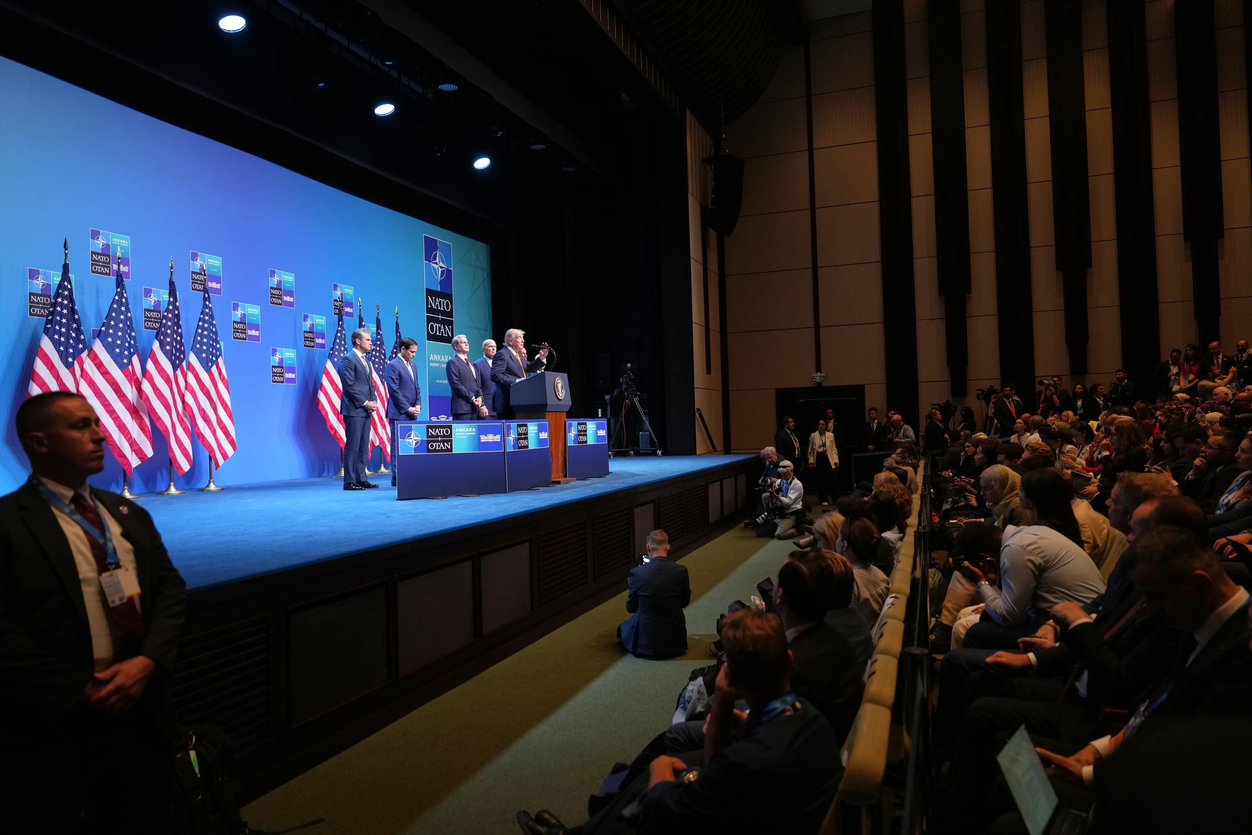 President Donald Trump speaks during a media conference at the NATO summit in Ankara | AP