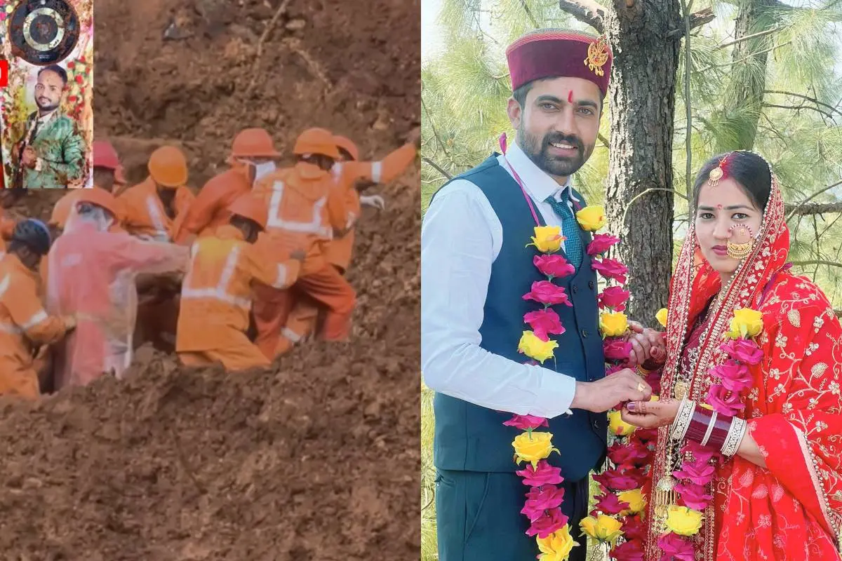 Rescue workers bringing out the bodies recovered in Meppadi. (Inset: Muhammad Imran); deceased Rahul Sharma with his wife Kalpana in a picture taken at the time of their wedding