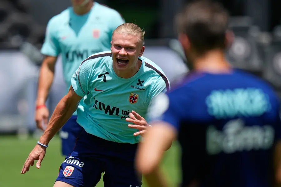 Norway's Erling Haaland works out with teammates during a training session