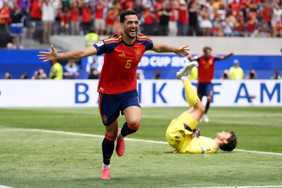 Mikel Merino of Spain celebrates scoring his team's second goal