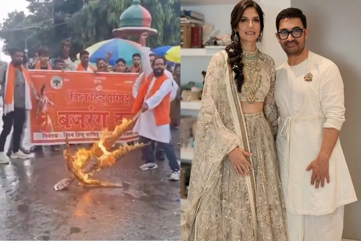 Bajrang Dal workers burn effigy, Aamir Khan and Gauri Spratt | Photo: X