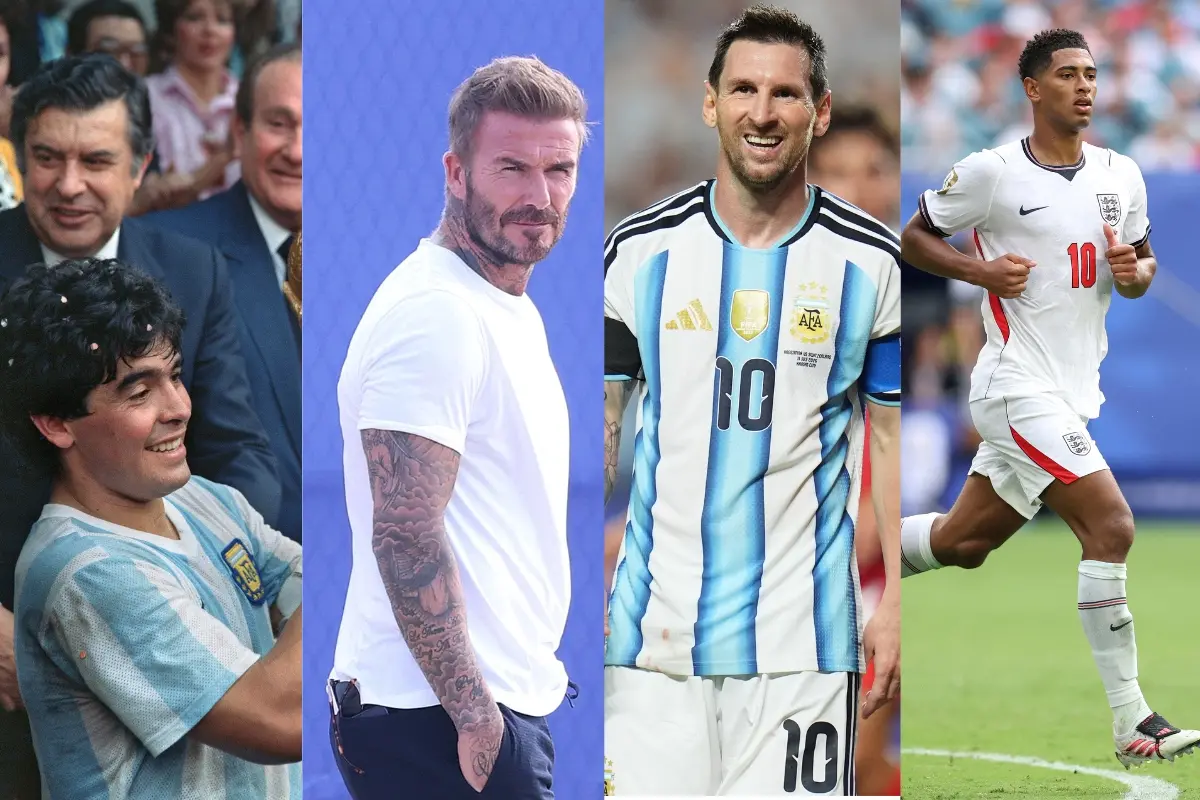 From left to right: Diego Armando Maradona, Sir David Beckham, Lionel Messi, and Jude Bellingham | Photo: AP/AFP/Getty Images via AFP