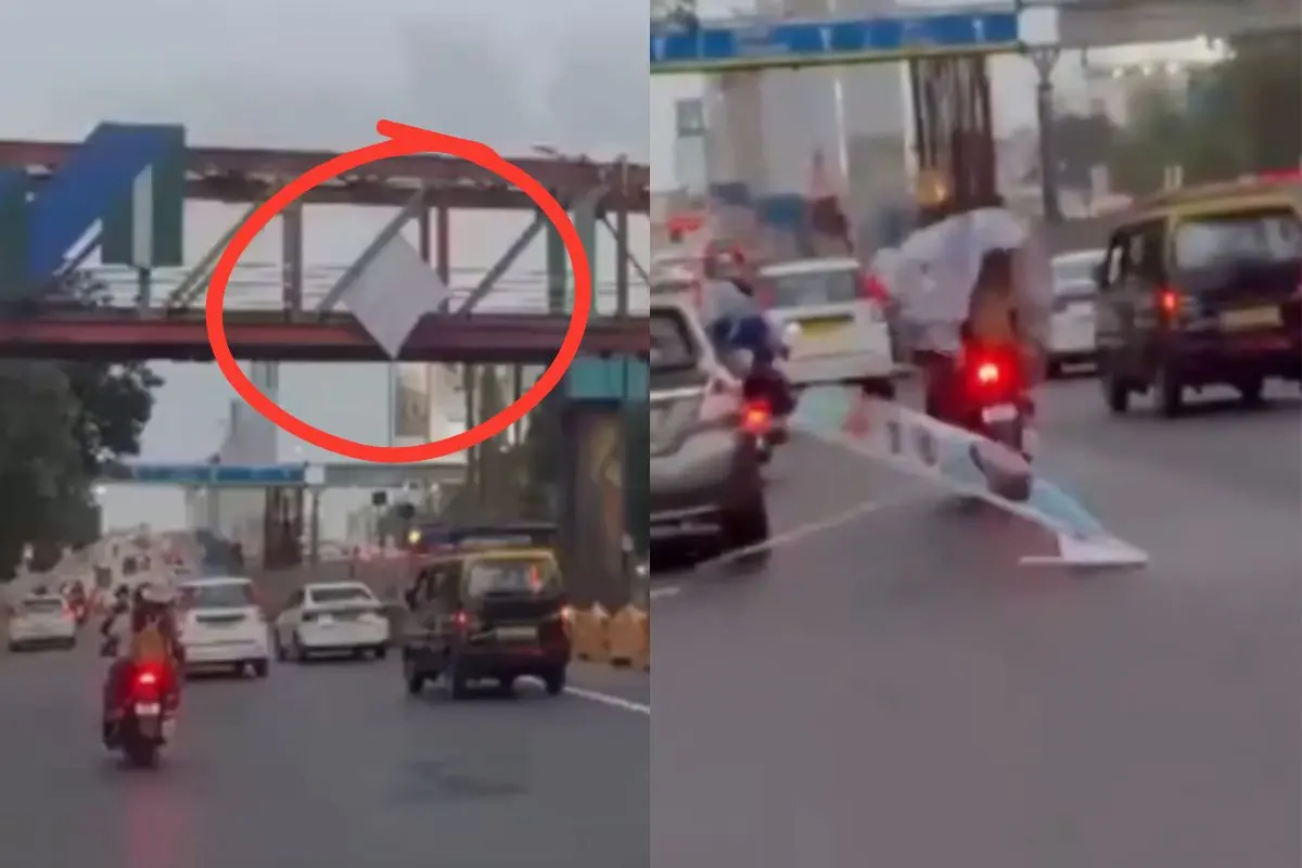 A large banner fell from a pedestrian bridge onto a biker in Thane