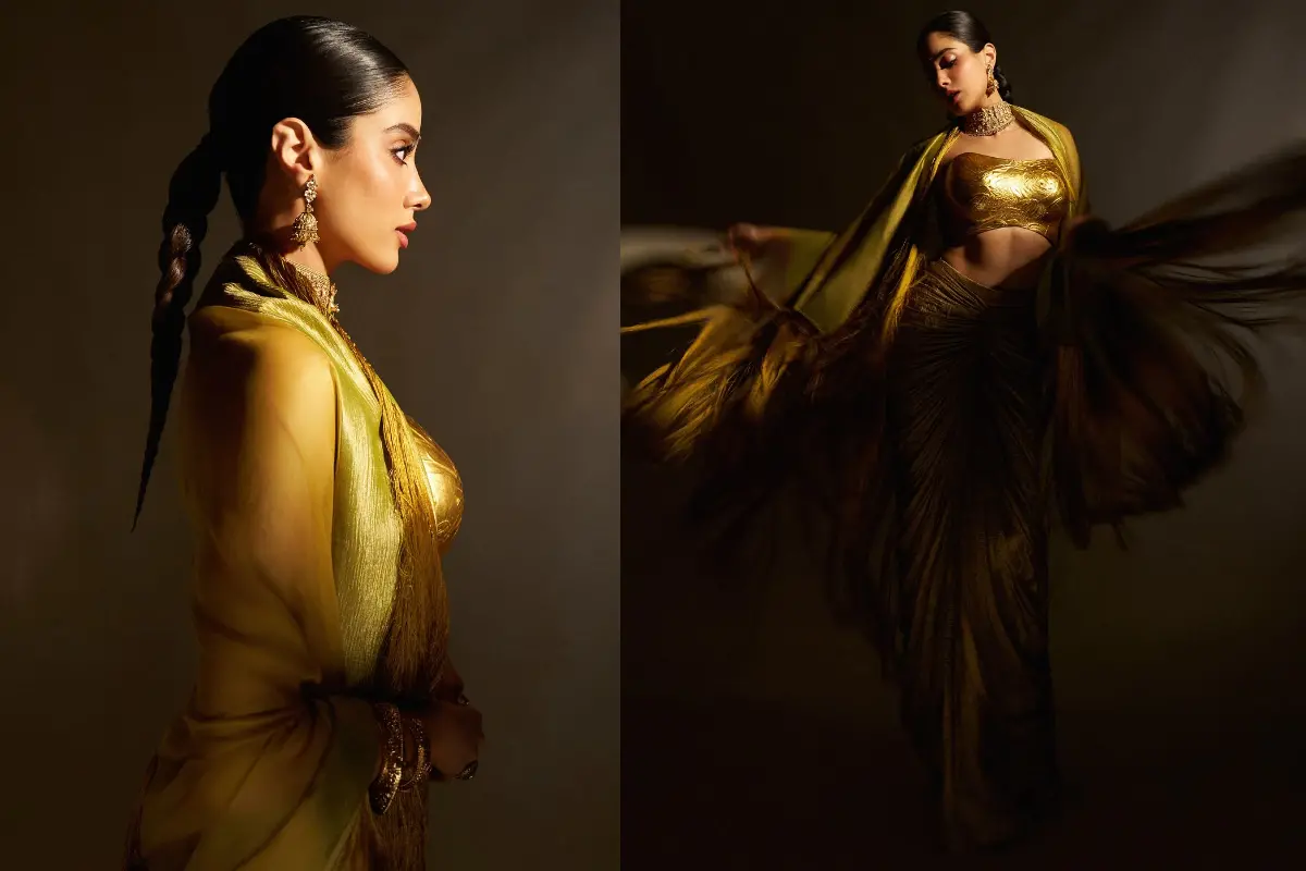 Janhvi Kapoor made a striking case for wearable art in a sculptural 24-carat gold-plated bustier paired with metallic draping for Akanksha Ranjan's wedding celebrations.