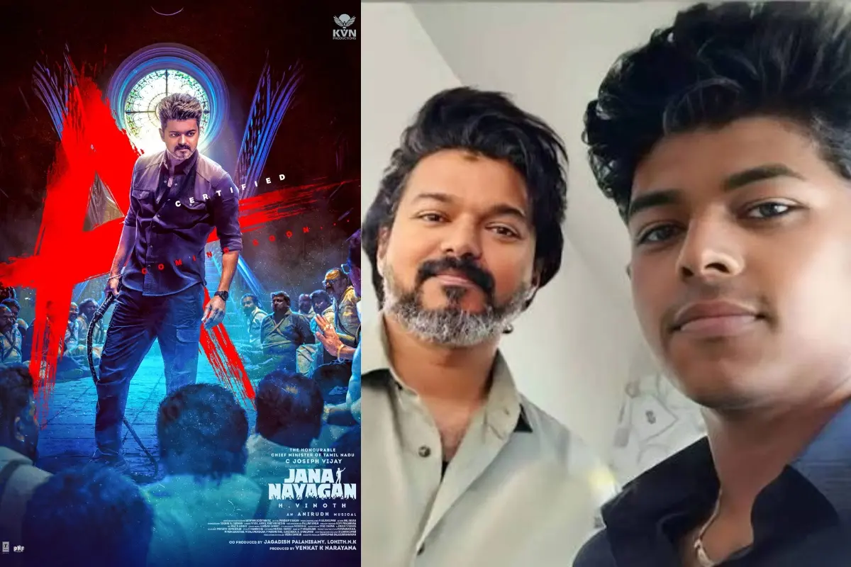 ജനനായകന് പോസ്റ്റര്, ജേസണ് സഞ്ജയും വിജയ്യും | Photo: X/Vijay, TeluguBulletin.com