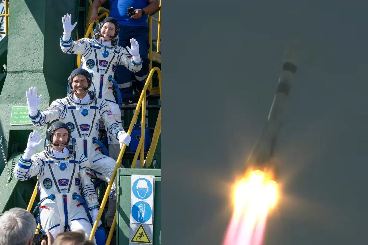 The International Space Station (ISS) Expedition 75 crew of NASA astronaut Anil Menon (C) and Roscosmos cosmonauts Pyotr Dubrov and Anna Kikina - wave farewell as they board the Soyuz MS-29 spacecraft prior to the launch from the Russian-leased Baikonur cosmodrome in Kazakhstan-Blast off visual | Photos: NASA