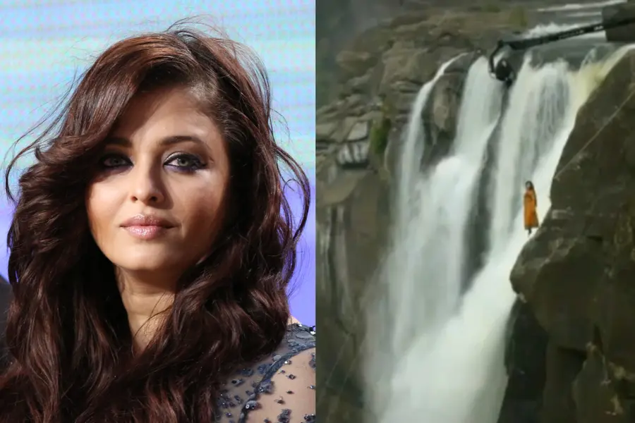 Stunt woman Sanober Pardiwala performing a high-altitude cliff jump stunt near Athirappilly waterfalls as a body double for actress Aishwarya Rai in Mani Ratnam's movie Raavan.