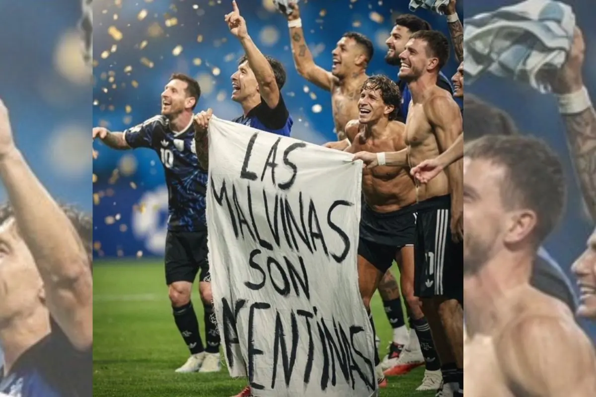 Argentine players holding Falklands banner. | Photo: X @  Victoria Villarruel