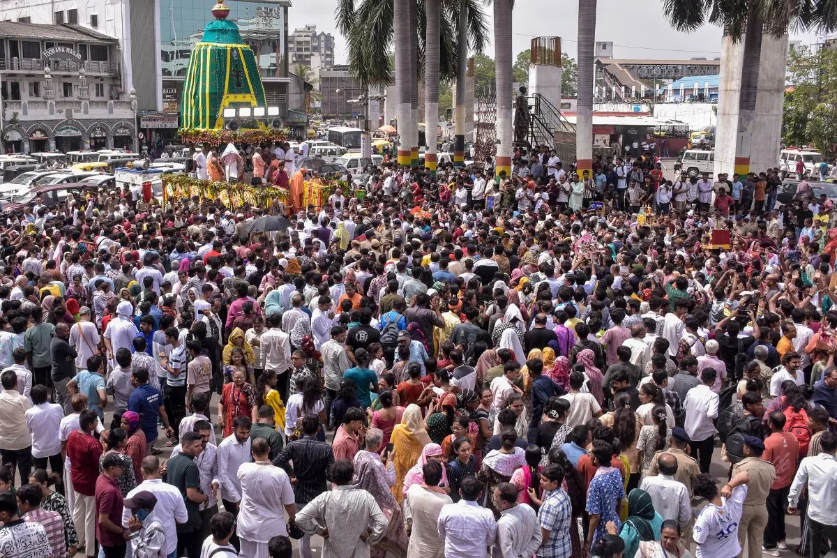 Devotees gather during the Lord Jagannath Rath Yatra organised by the ISKCON Temple, at Jahangirpura, in Surat, Gujarat, Thursday, July 16, 2026 (Photo: PTI)