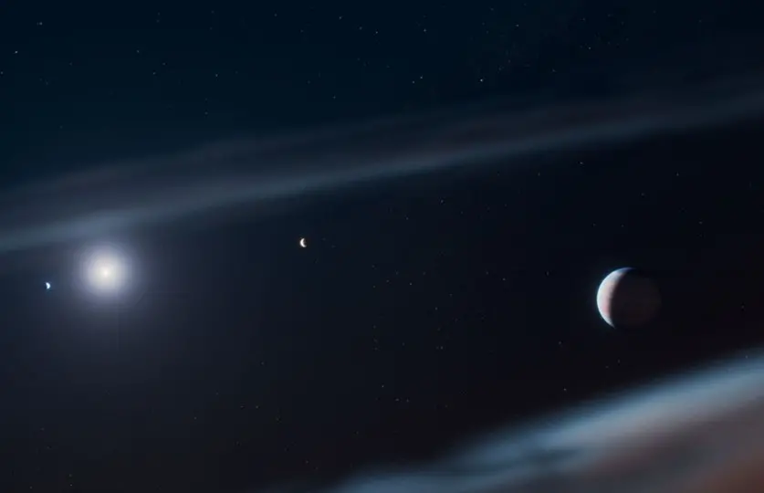 This artist's concept shows the Beta Pictoris system with the discovered giant exoplanet Beta Pictoris d at the right | Illustration: NASA, ESA, CSA, STScI, Ralf Crawford (STScI)