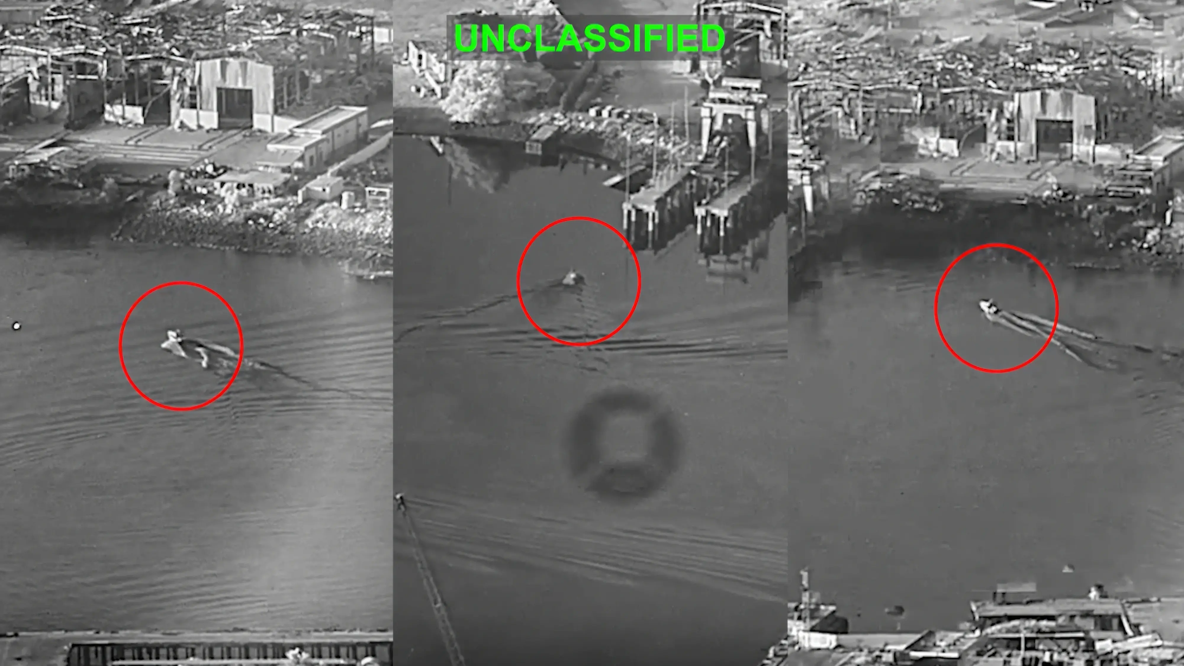 This combination of images from video released by U.S. Central Command, and annotated by the source, shows three Corsair unmanned surface vessels, also called one-way attack surface drones, fired by the U.S. military, closing in on Bandar Abbas Naval Base, Iran.| Photo: AP
