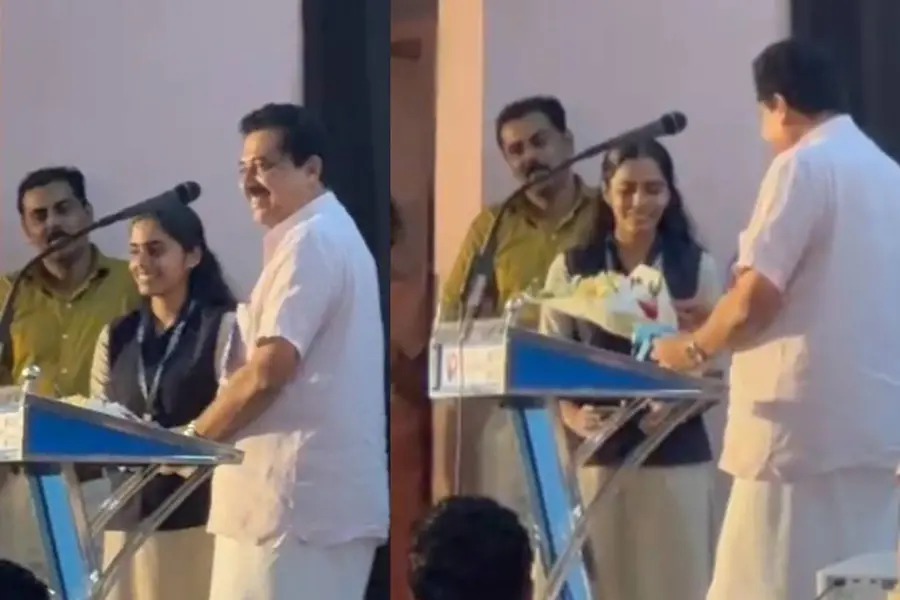 +1 ഫലം വന്നു; വേദിയിലിരുന്ന മാളവികയ്ക്ക് ബൊക്കെ നൽകി വിദ്യാഭ്യാസ മന്ത്രിയുടെ സർപ്രൈസ് അഭിനന്ദനം