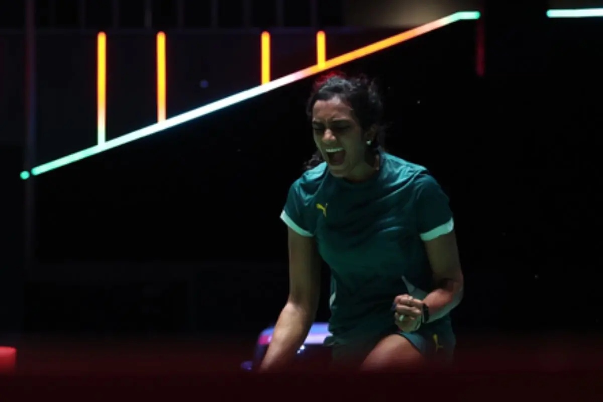 PV Sindhu celebrates after defeating Japan's Akane Yamaguchi 21-17, 21-17 in the women's singles final to win her maiden Japan Open title in Tokyo on Sunday, becoming the first Indian champion at the tournament.