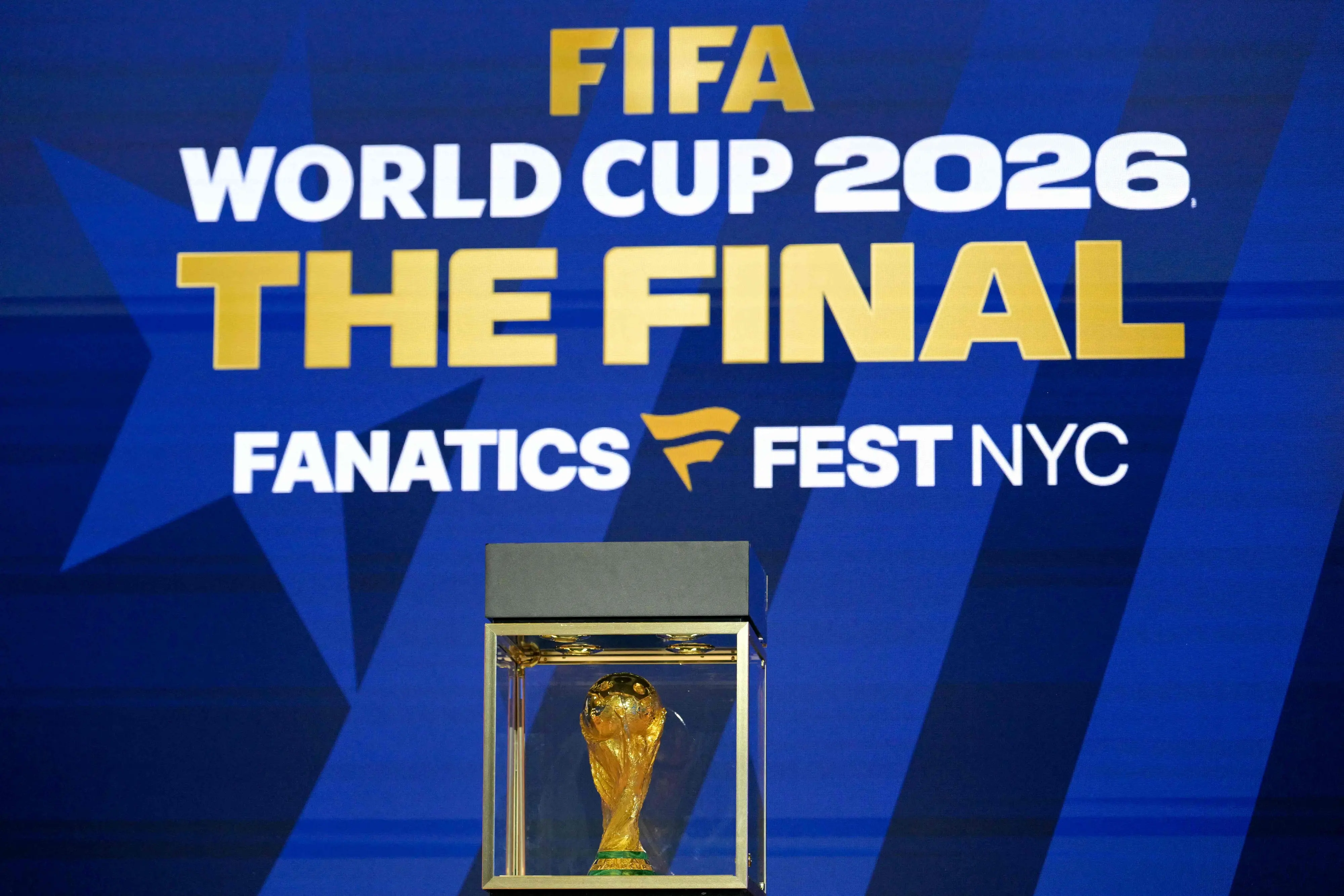 The World Cup trophy is displayed on ahead of the 2026 World Cup football tournament final match between Spain and Argentina | AFP