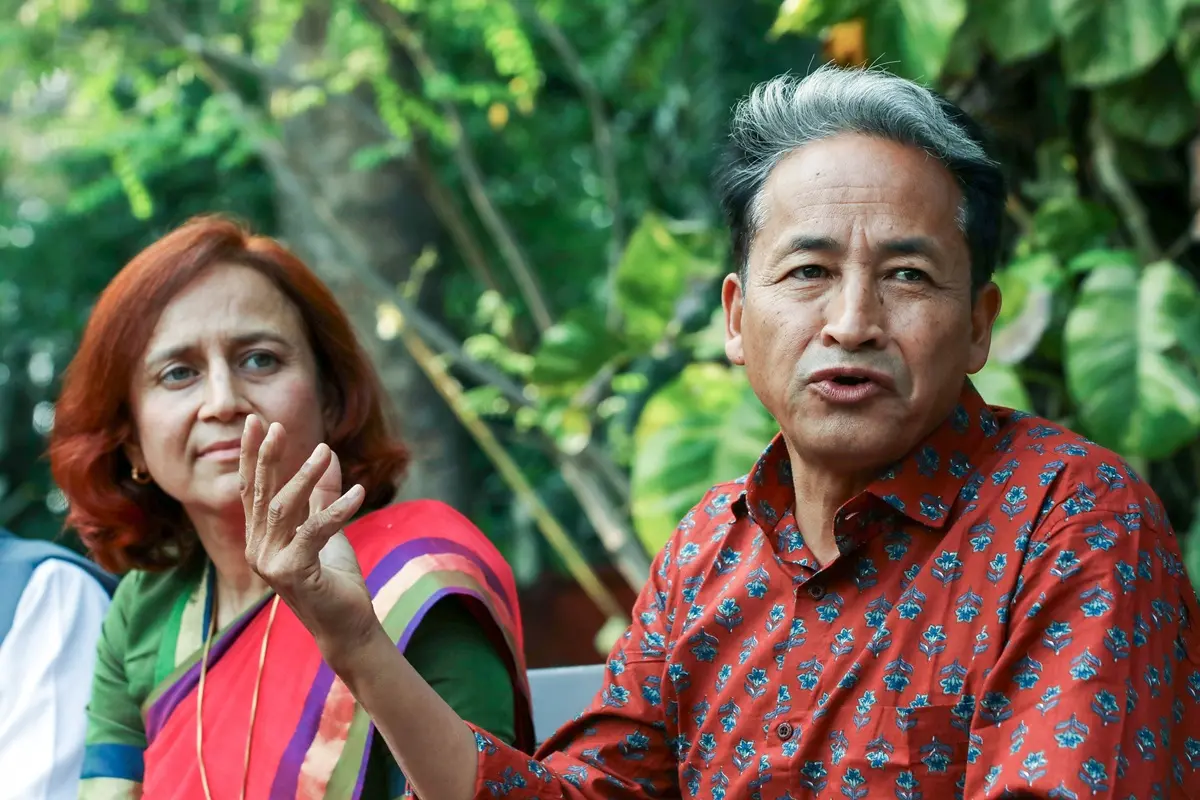 Sonam Wangchuk, with his wife, Gitanjali J. Angmo, during a press conference at Lodhi Estate | Photo: ANI