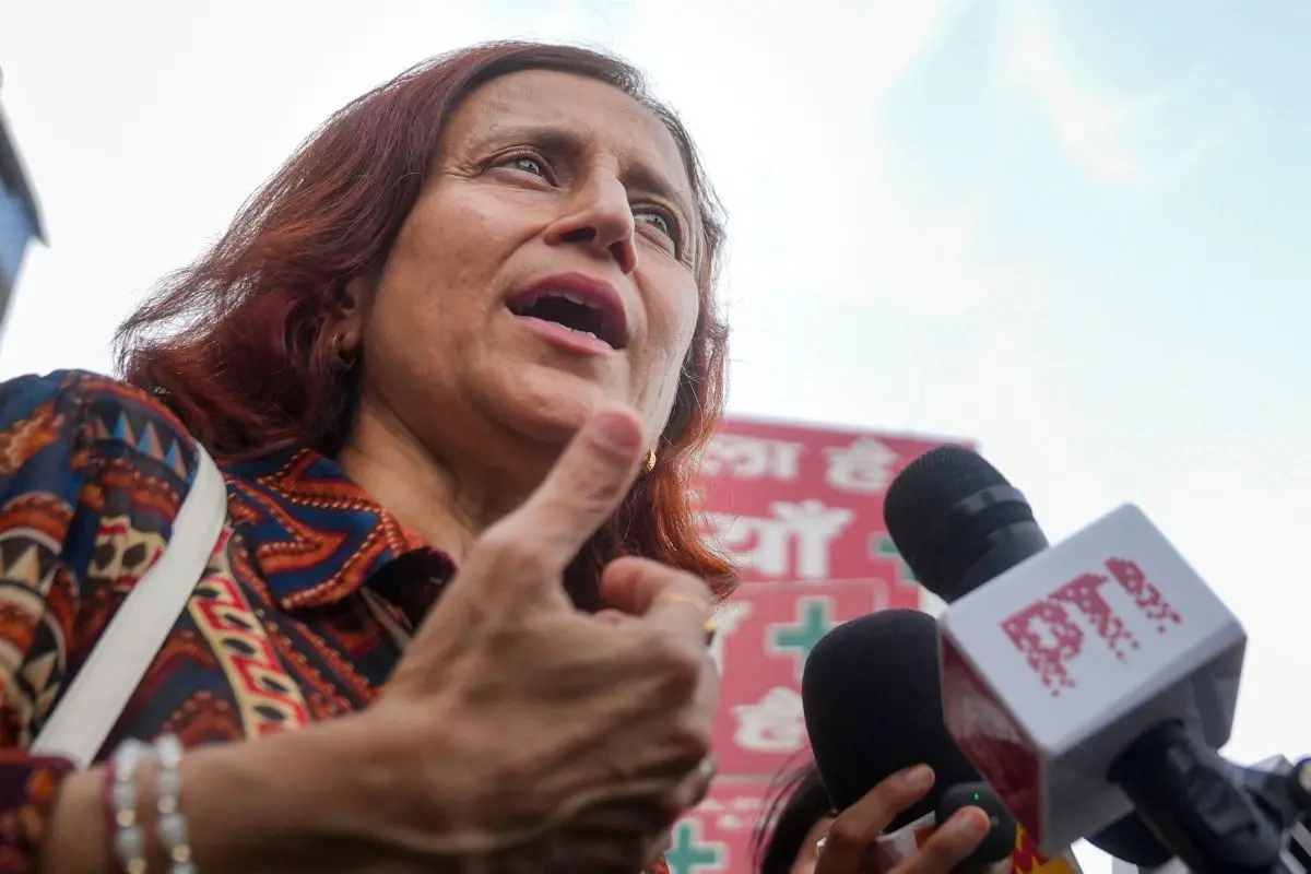 Gitanjali J Angmo, wife of educator and climate activist Sonam Wangchuk, speaks to the media outside the Safdarjung Hospital, in New Delhi, Sunday, July 19, 2026 (Photo: PTI)