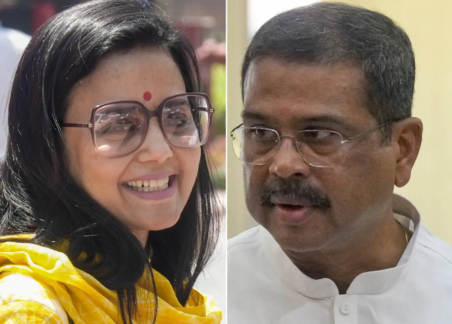 മഹുവാ മൊയിത്ര, ധർമേന്ദ്ര പ്രധാൻ | Photo: PTI