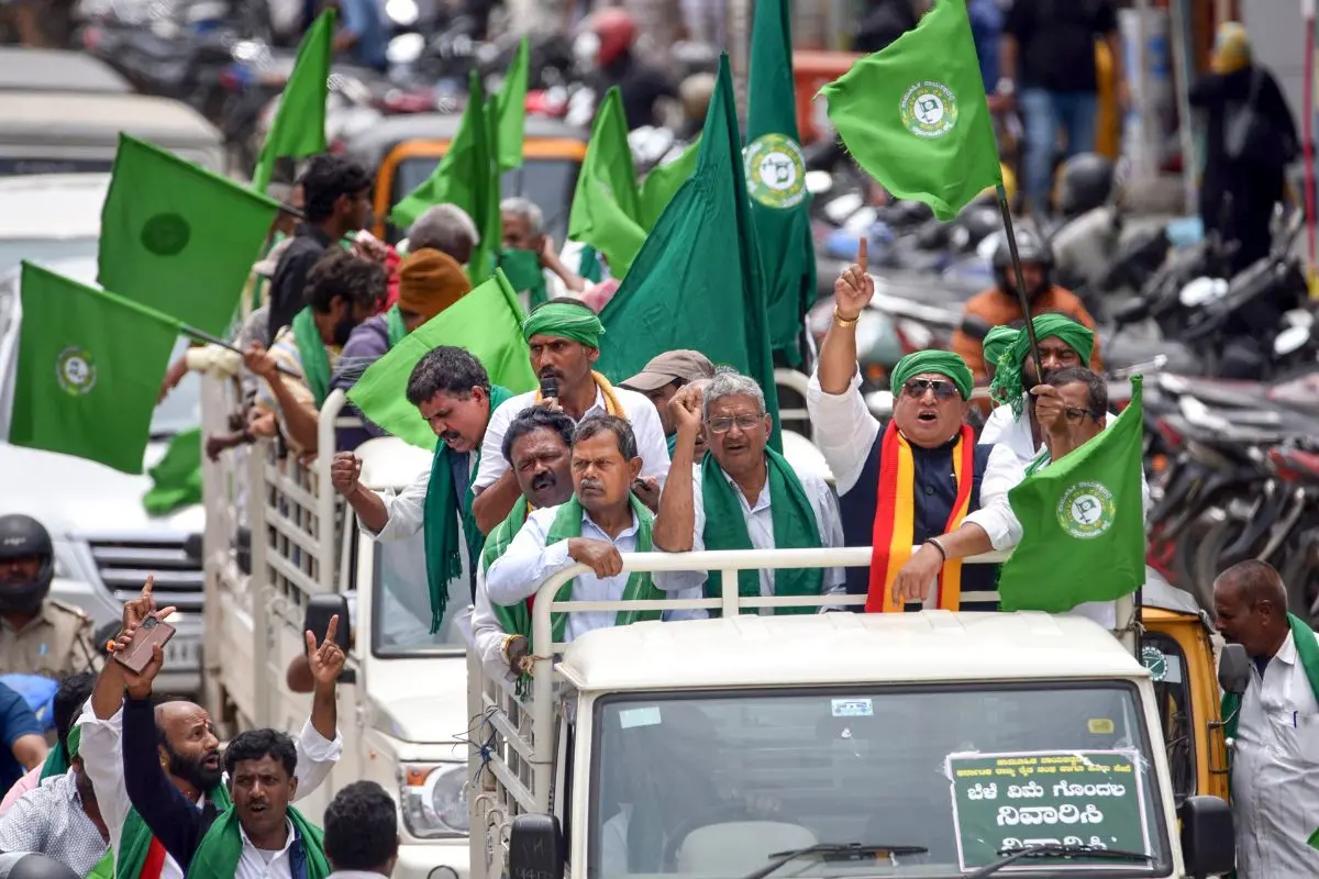 Farmers take out a rally during the observance of Raitha Shaheed Dinacharane (Farmer Martyrs' Day), while protesting over various demands, in Chikkamagaluru, Karnataka, Tuesday, July 21, 2026. (PTI Photo)