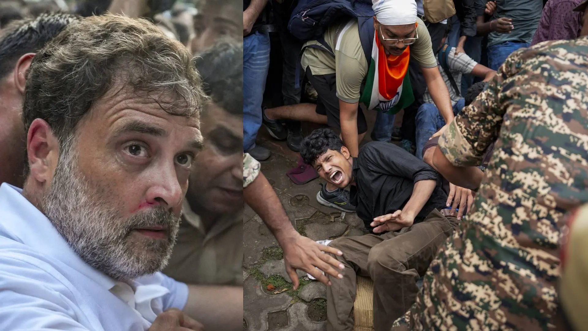 രാഹുൽ ഗാന്ധിയെ പോലീസ് വാഹനത്തിലേക്ക് കയറ്റുന്നു, തിങ്കളാഴ്ചത്തെ പാർലമെന്റ് മാർച്ചിനിടെ ഒരു സിജെപി അനുഭാവിക്ക് നേരെയുണ്ടായ നടപടി | Photo: PTI