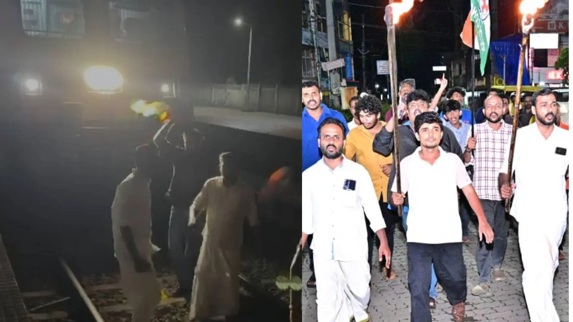 കായംകുളത്ത് യൂത്ത് കോൺഗ്രസ് പ്രവർത്തകർ വഞ്ചിനാട് എക്സ്പ്രസ് തടഞ്ഞപ്പോൾ, കാഞ്ഞങ്ങാട്ട് നടന്ന പ്രതിഷേധം