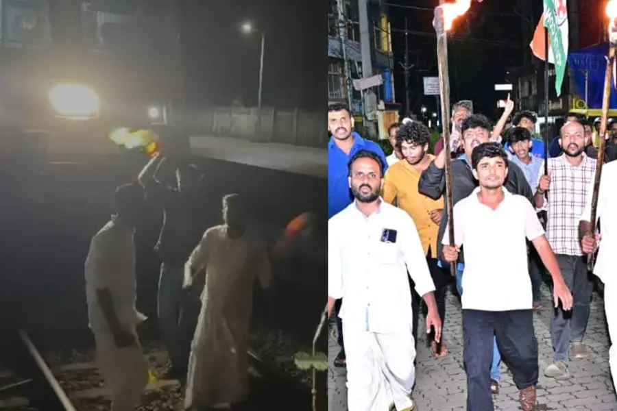 കായംകുളത്ത് യൂത്ത്കോൺഗ്രസ് വഞ്ചിനാട് എക്സ്പ്രസ് തടഞ്ഞു; കാഞ്ഞങ്ങാട്ട് റെയിൽവേസ്റ്റേഷനിലേക്ക് മാർച്ച്