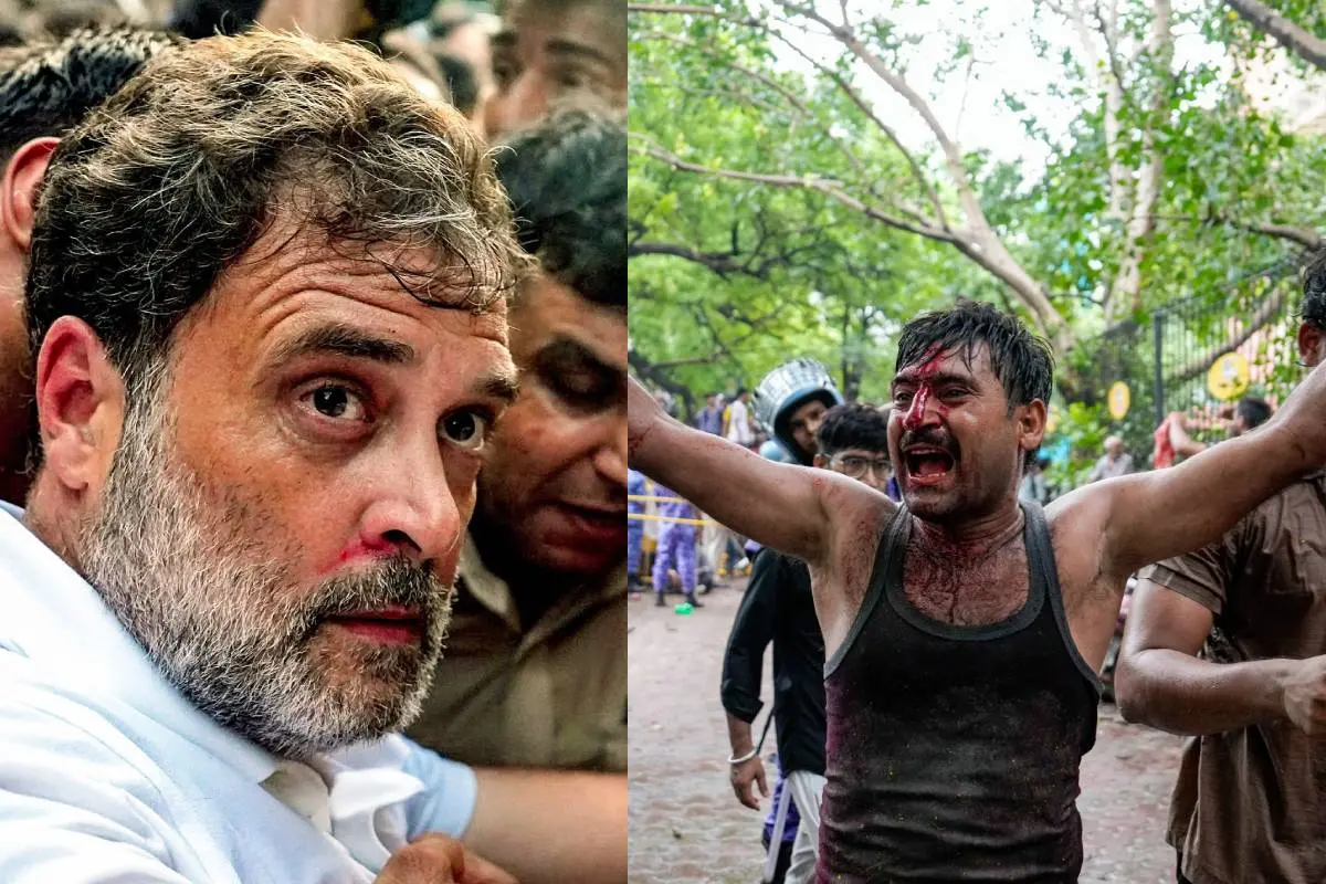 പ്രതിഷേധത്തിനിടെ രാഹുല്ഗാന്ധിയെ പോലീസ് അറസ്റ്റ് ചെയ്ത് കൊണ്ടുപോകുന്നു. രാഹുലിന്റെ മുഖത്ത് പരിക്കേറ്റ് ചോരവരുന്നതും കാണാം, തിങ്കളാഴ്ചത്തെ പ്രതിഷേധത്തിനിടെയുണ്ടായ പോലീസ് നടപടിക്കിടെ മുദ്രാവാക്യം മുഴക്കുന്ന ഒരു സിജെപി പ്രവര്ത്തകന് |ഫോട്ടോ:ANI,PTI