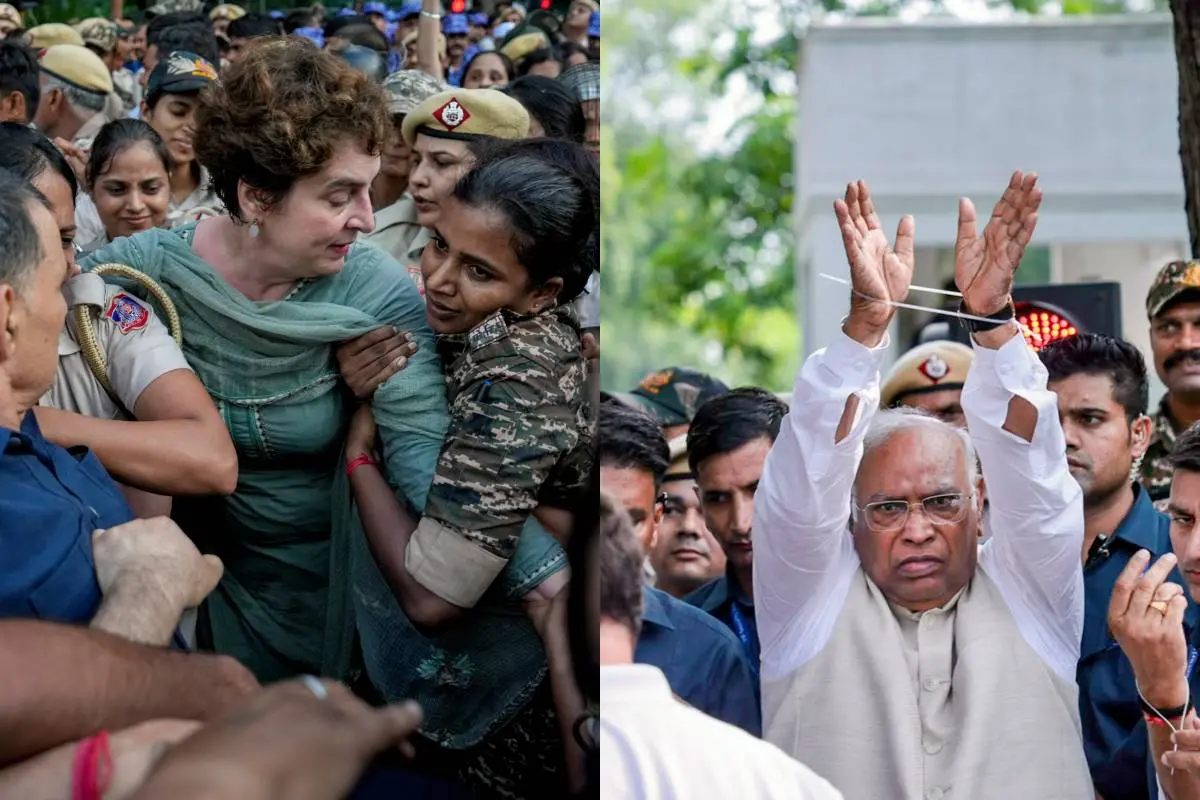പ്രധാനമന്ത്രിയുടെ വസതിക്ക് മുന്നിലെ പ്രതിഷേധത്തിനിടെ പ്രിയങ്ക ഗാന്ധിയും മല്ലികാര്ജുന് ഖാര്ഗെയും |ഫോട്ടോ:PTI