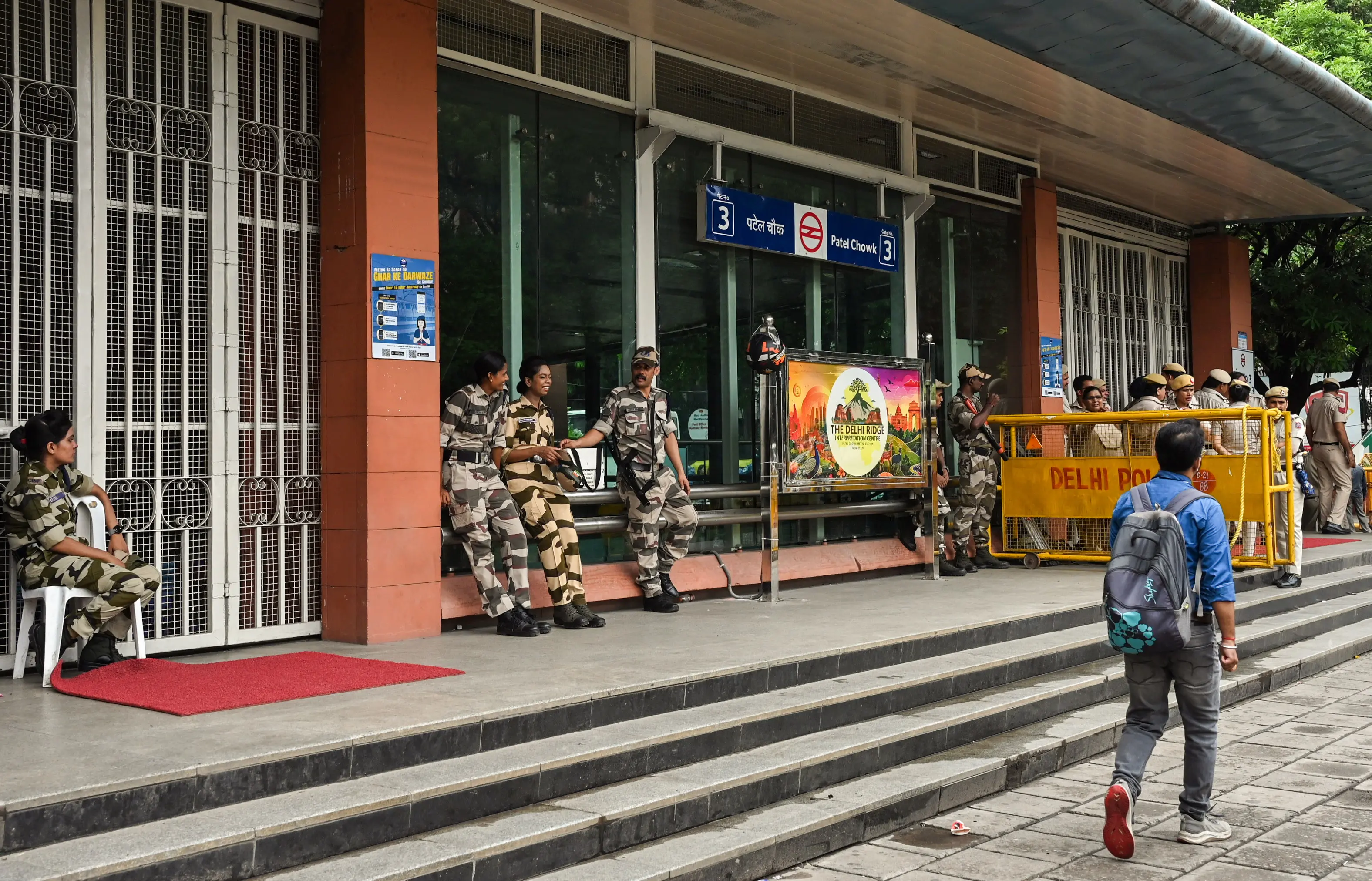 Heavy police deployment outside closed exit of Patel Chowk metro station, in New Delhi on Wednesday. (ANI Photo)